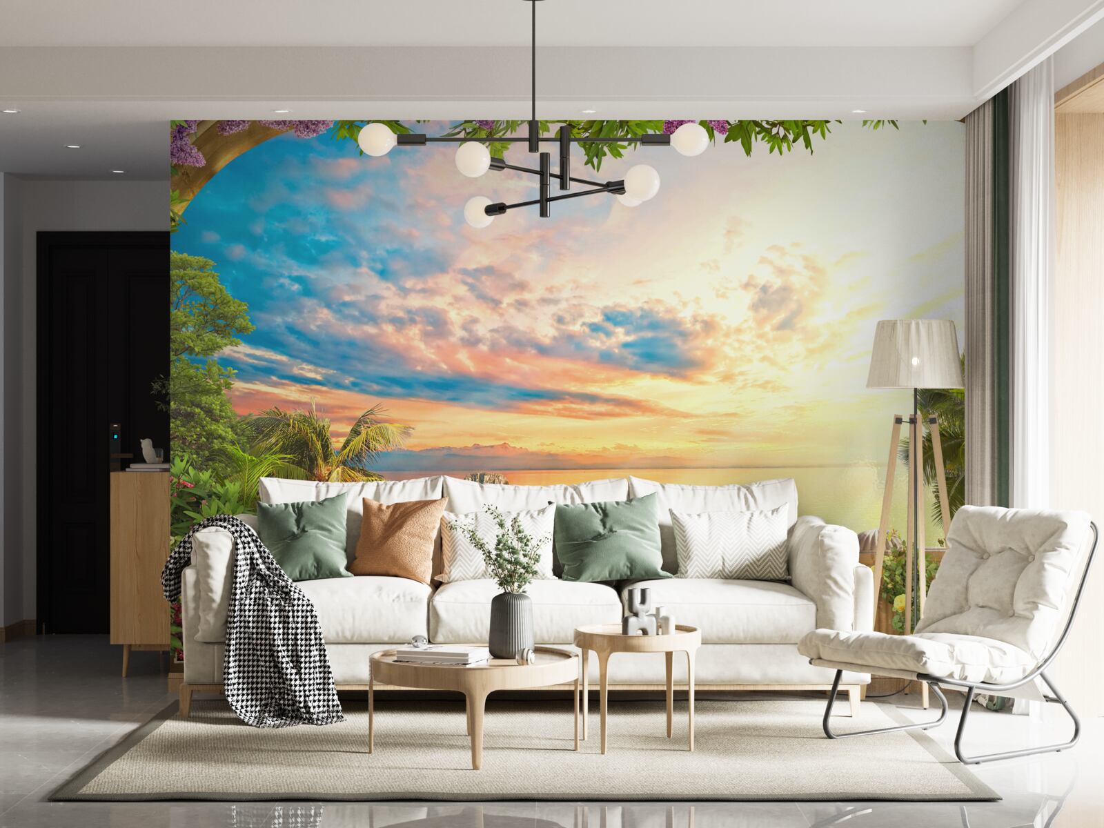 Fototapet terasă cu vedere la mare, inundată de lumina soarelui la apus