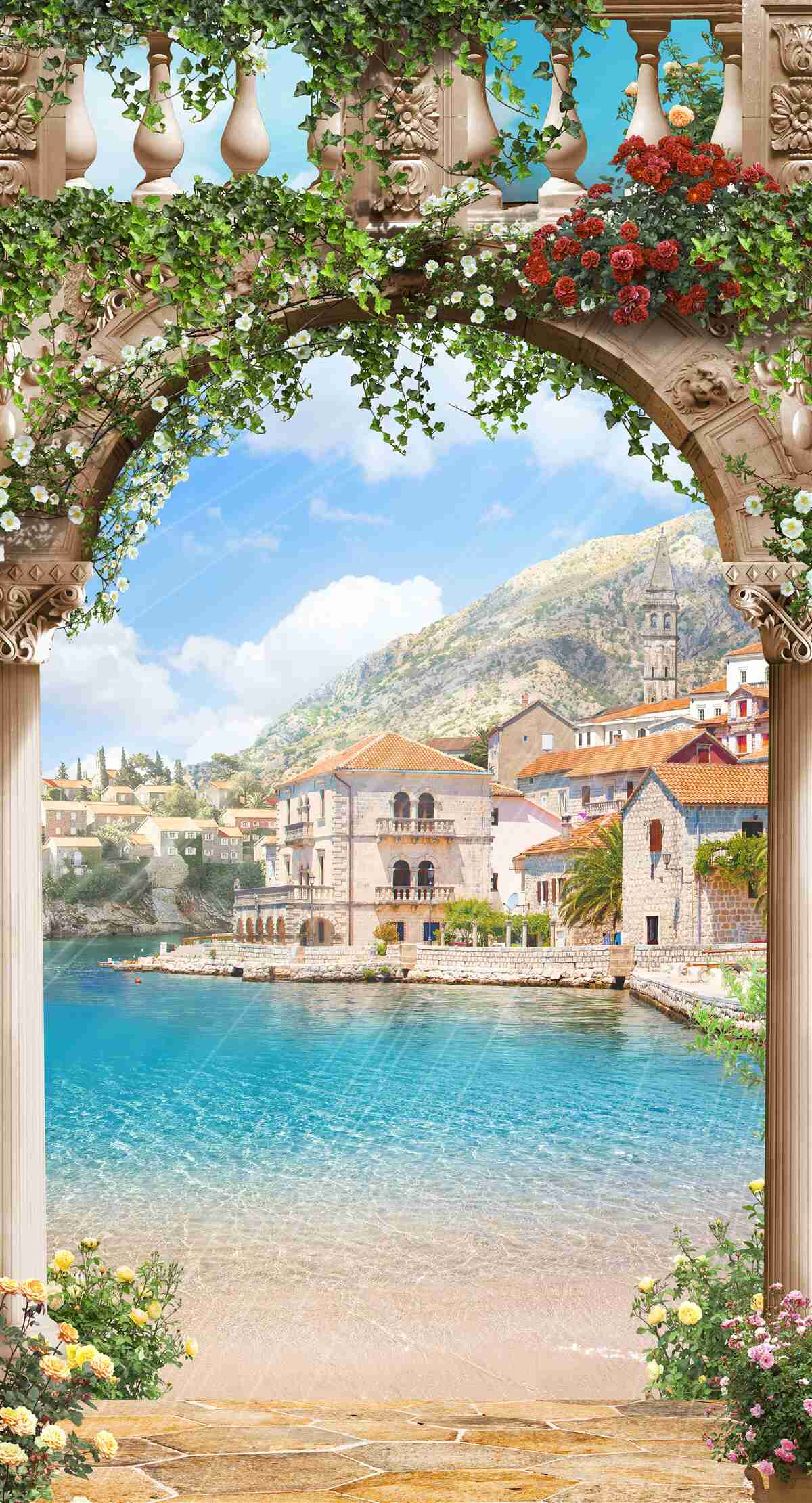 Fototapet vedere la mare printr-un arc înflorit