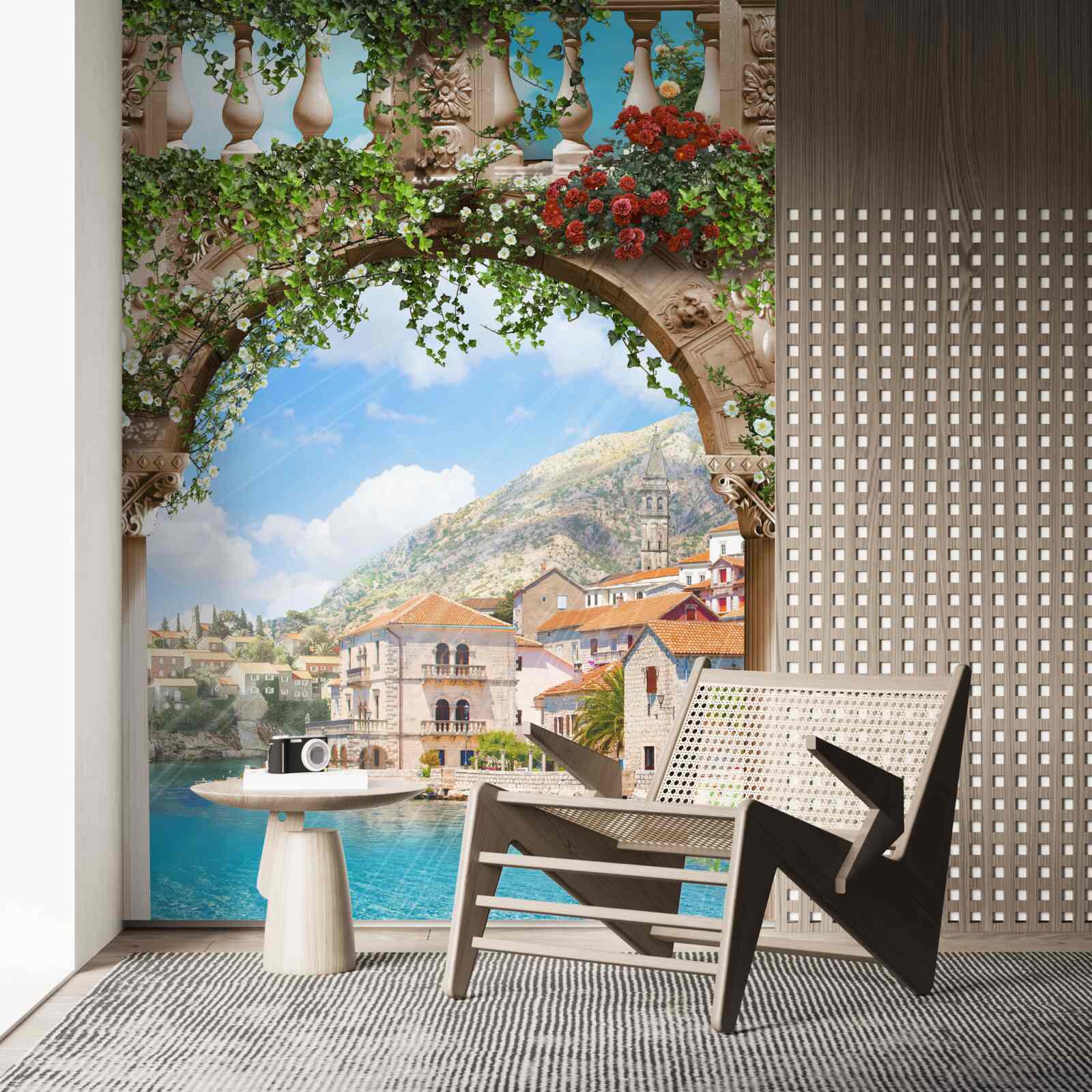 Fototapet vedere la mare printr-un arc înflorit