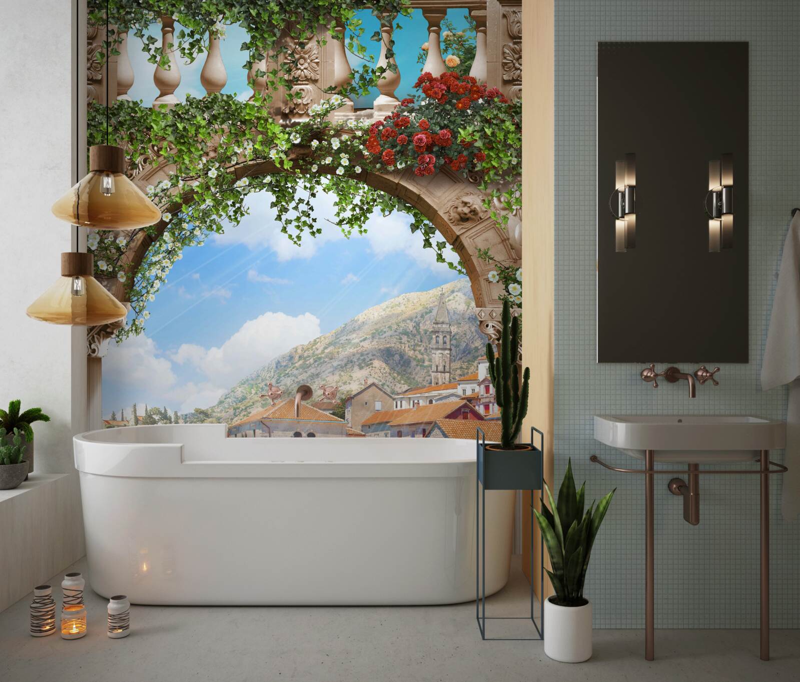 Fototapet vedere la mare printr-un arc înflorit