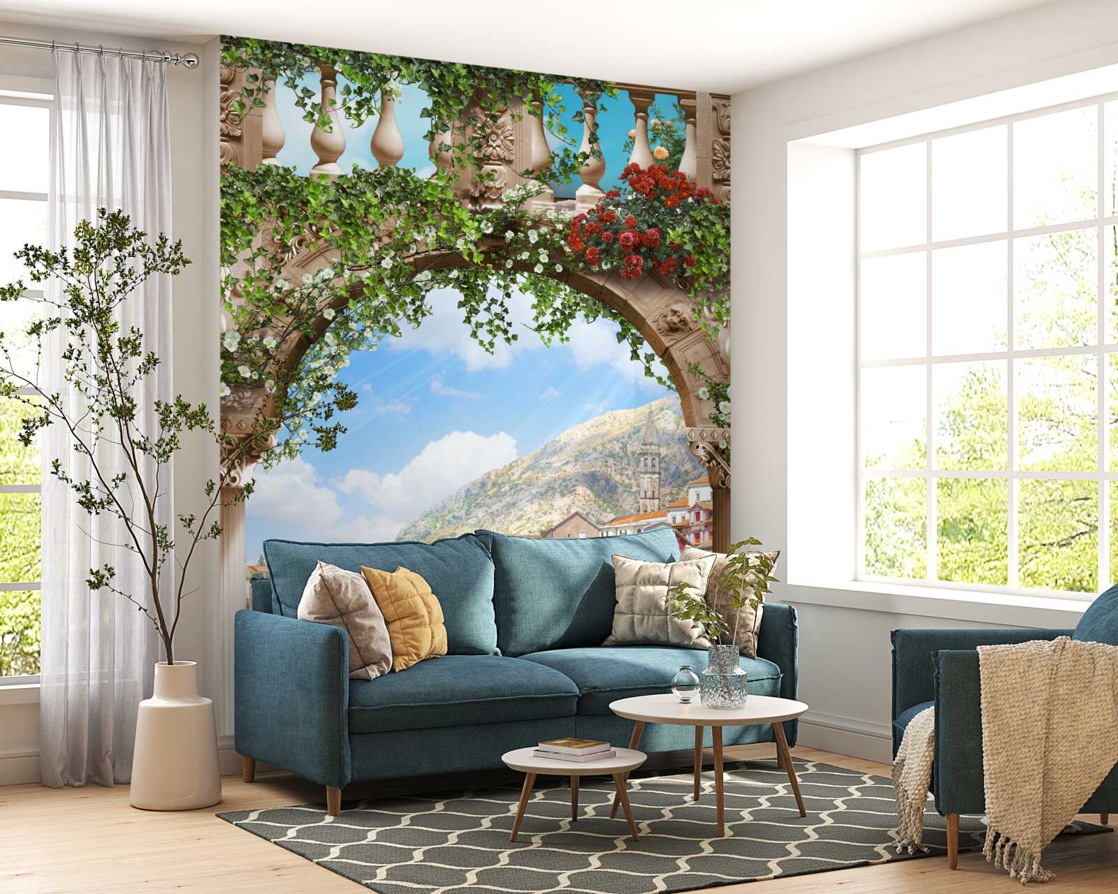 Fototapet vedere la mare printr-un arc înflorit