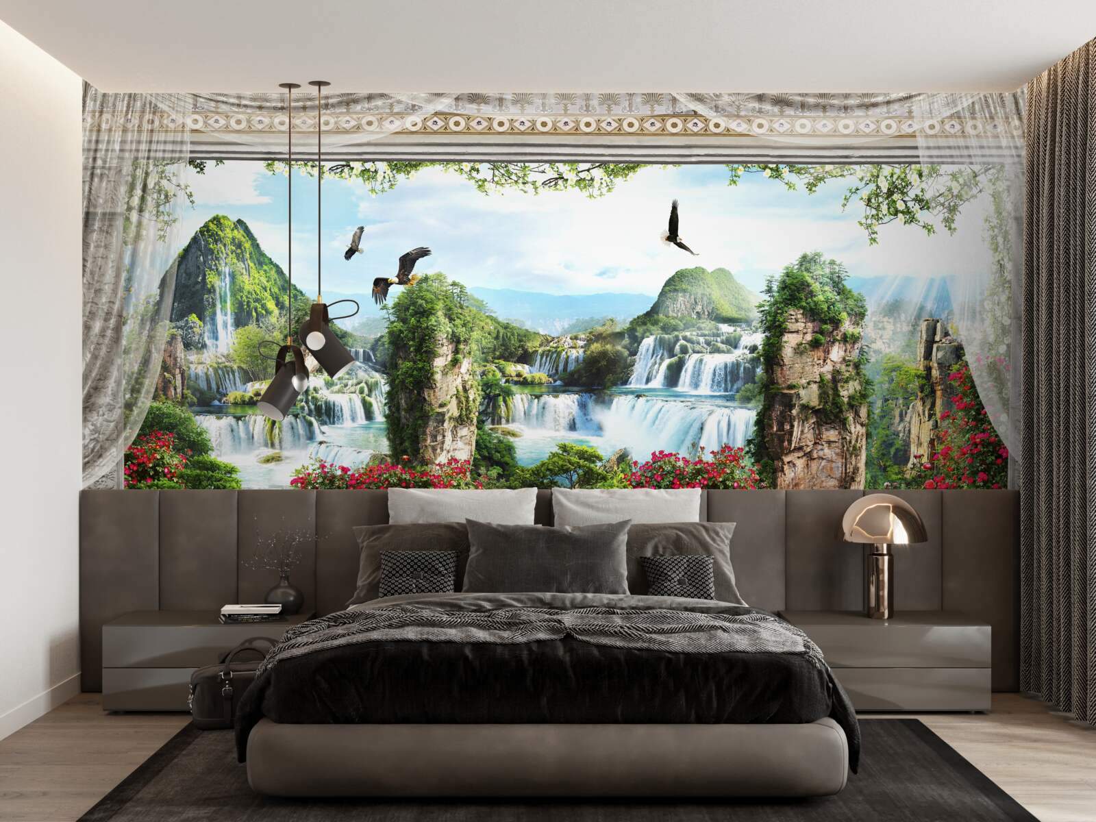 Fototapet peisaj cu munți și cascade