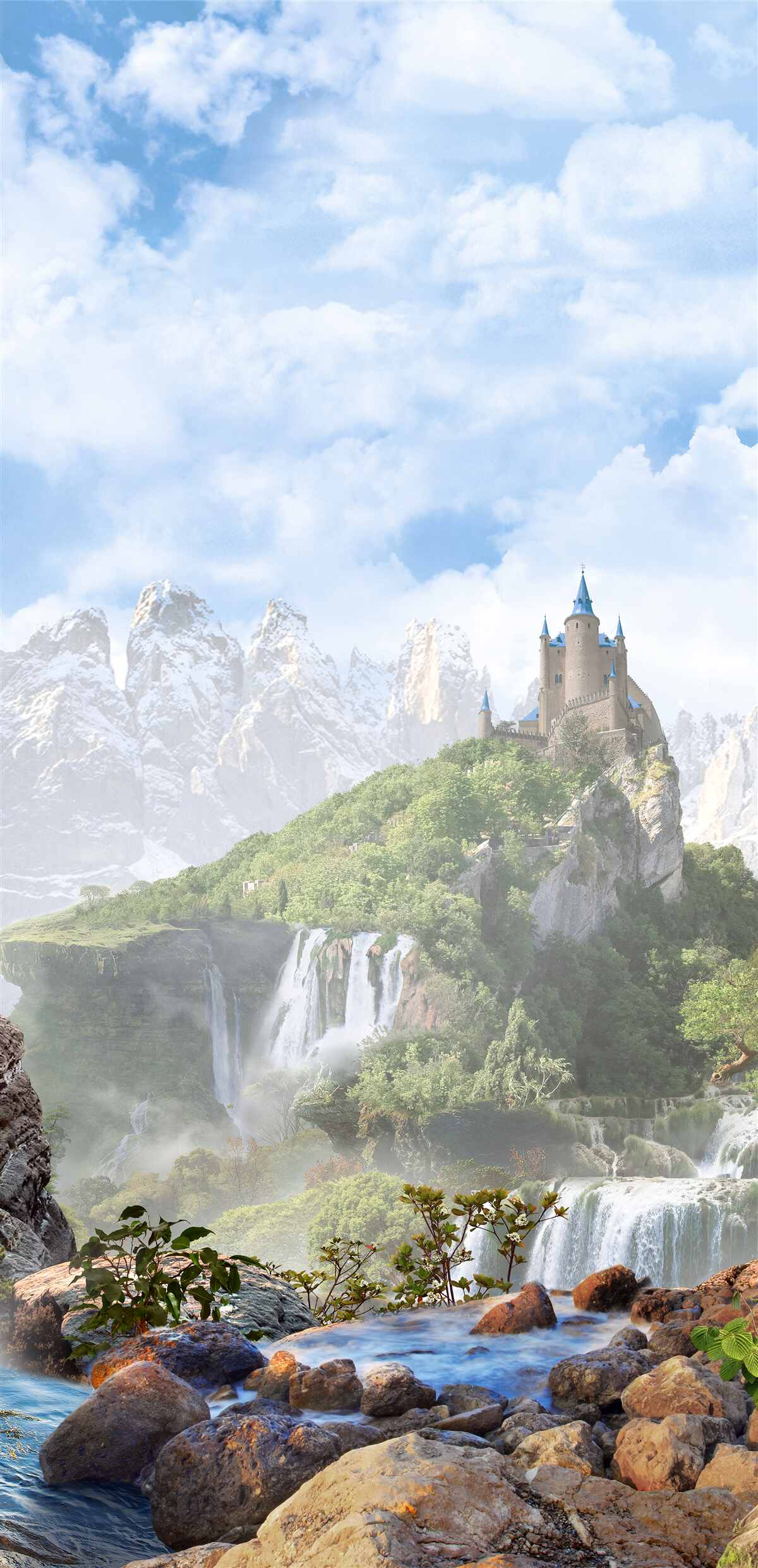 Fototapet cascade și un castel vizibile în depărtare