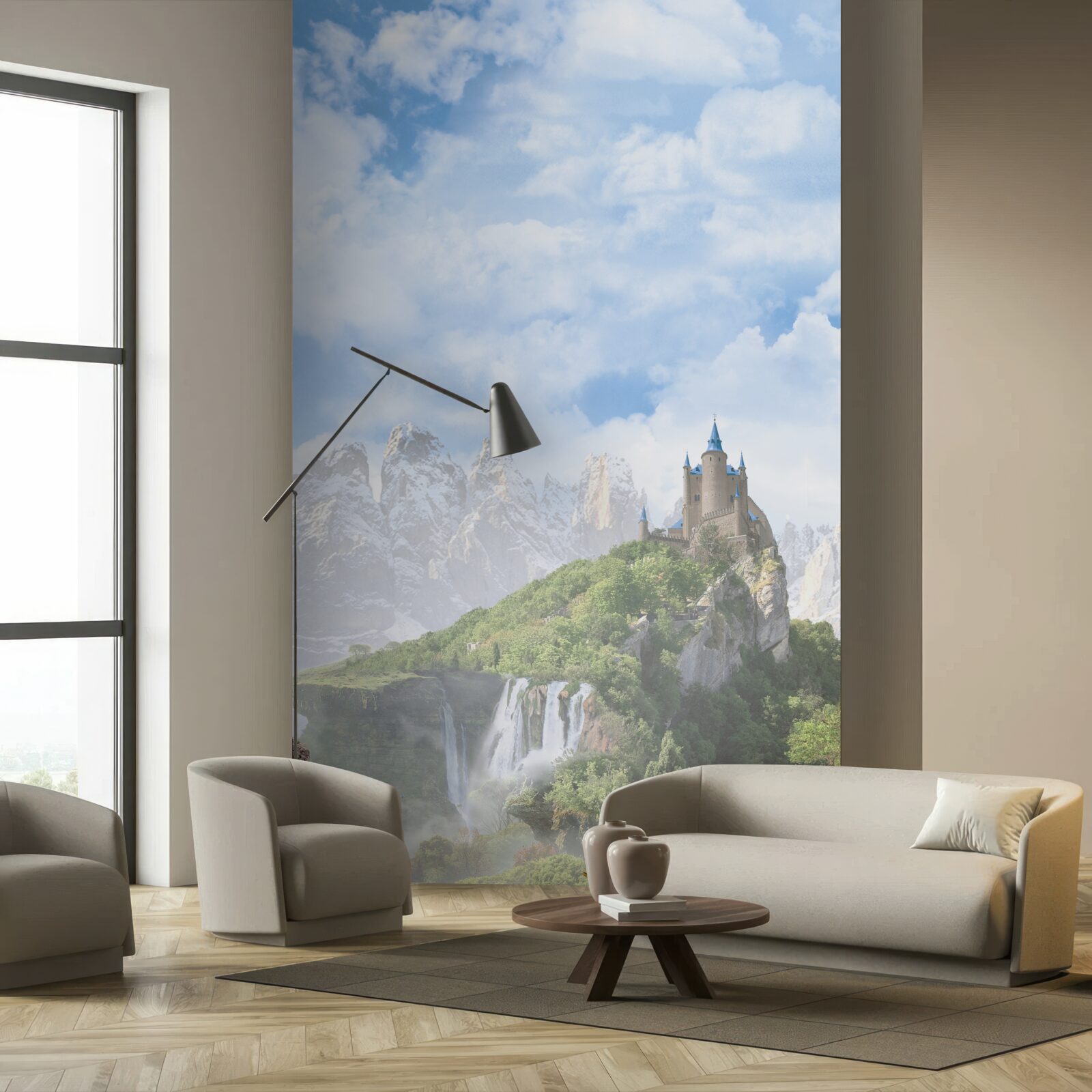 Fototapet cascade și un castel vizibile în depărtare