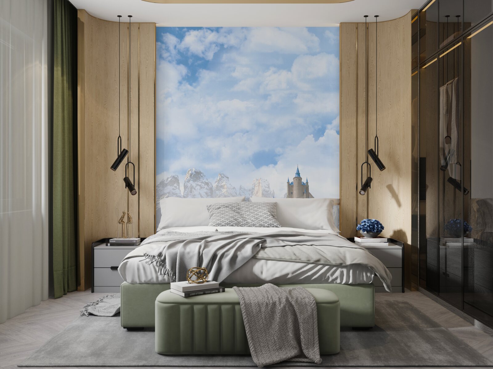 Fototapet cascade și un castel vizibile în depărtare