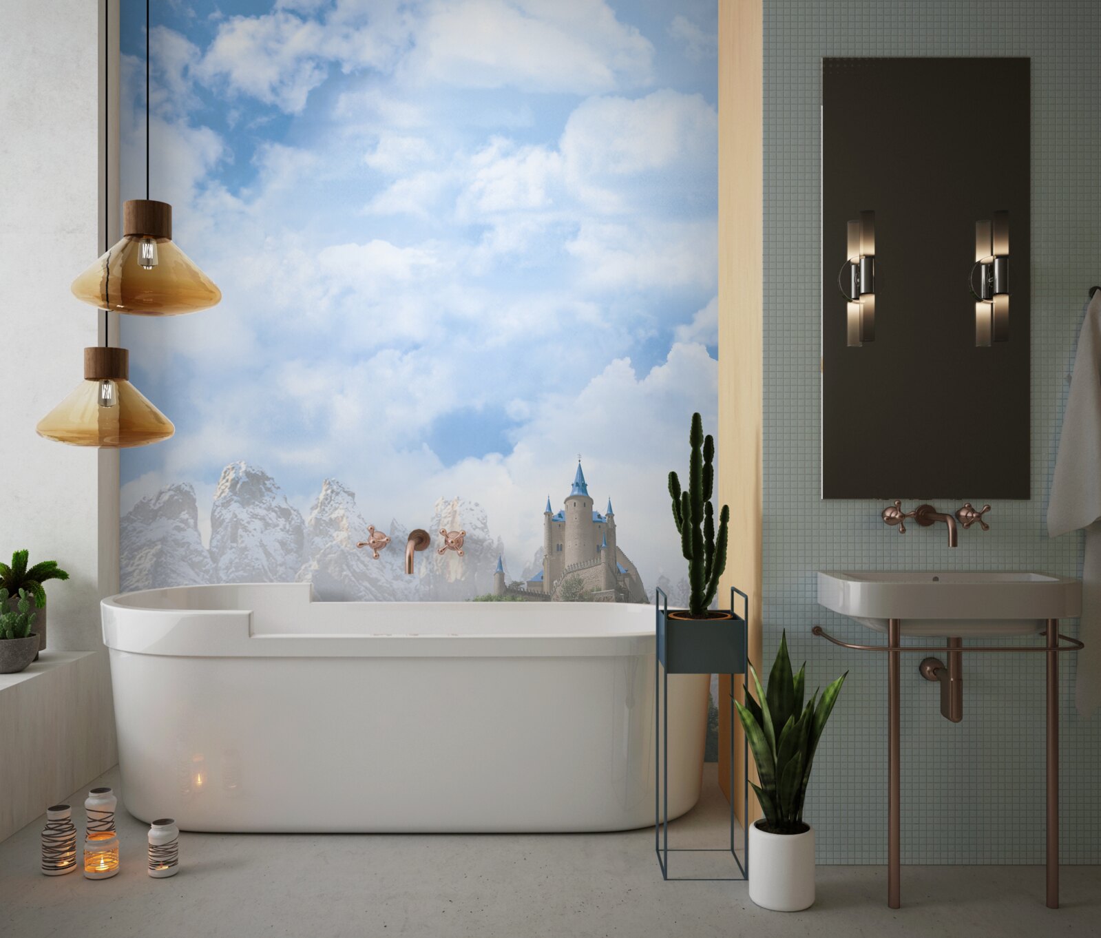 Fototapet cascade și un castel vizibile în depărtare