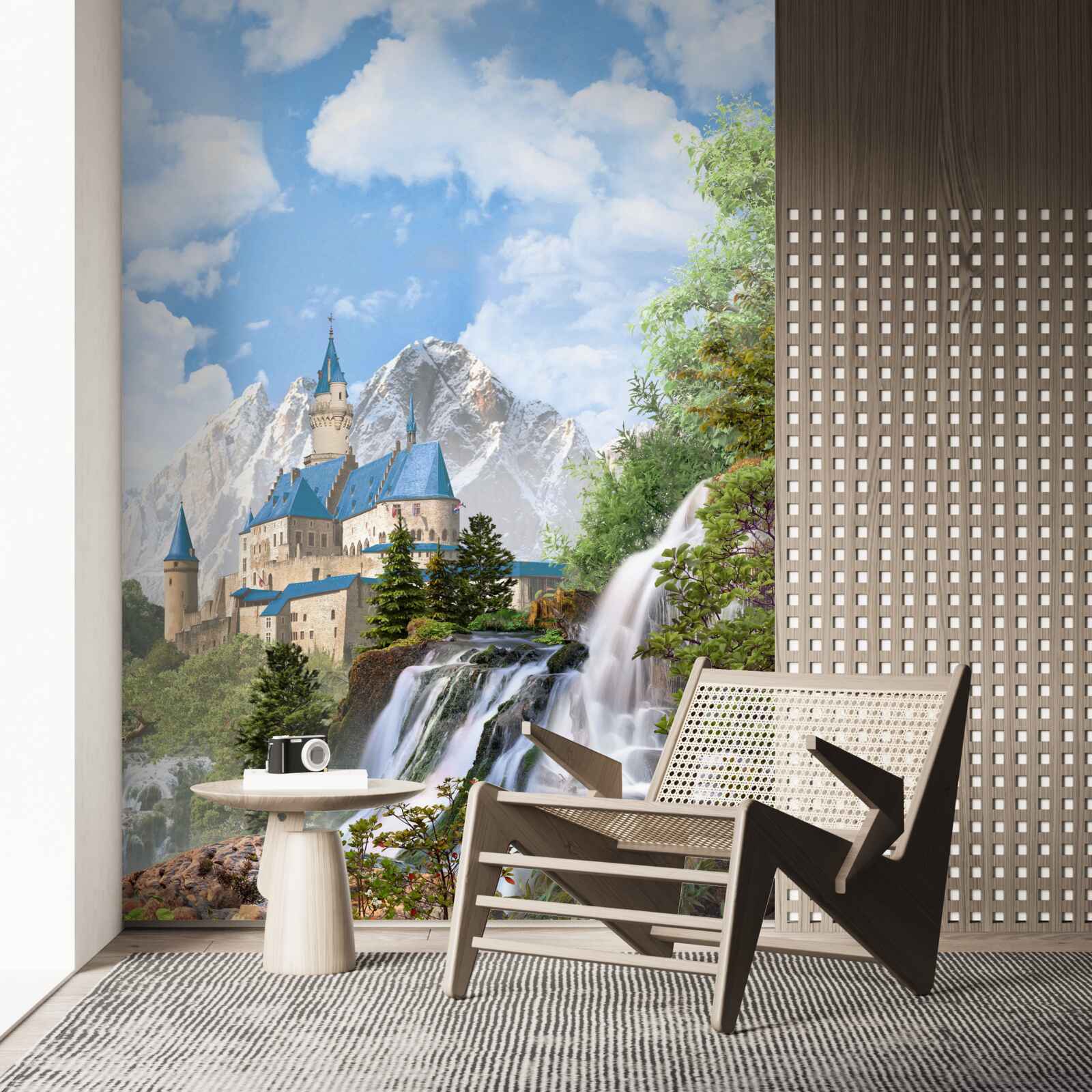 Fototapet fortăreață pe fundalul unei cascade de apă