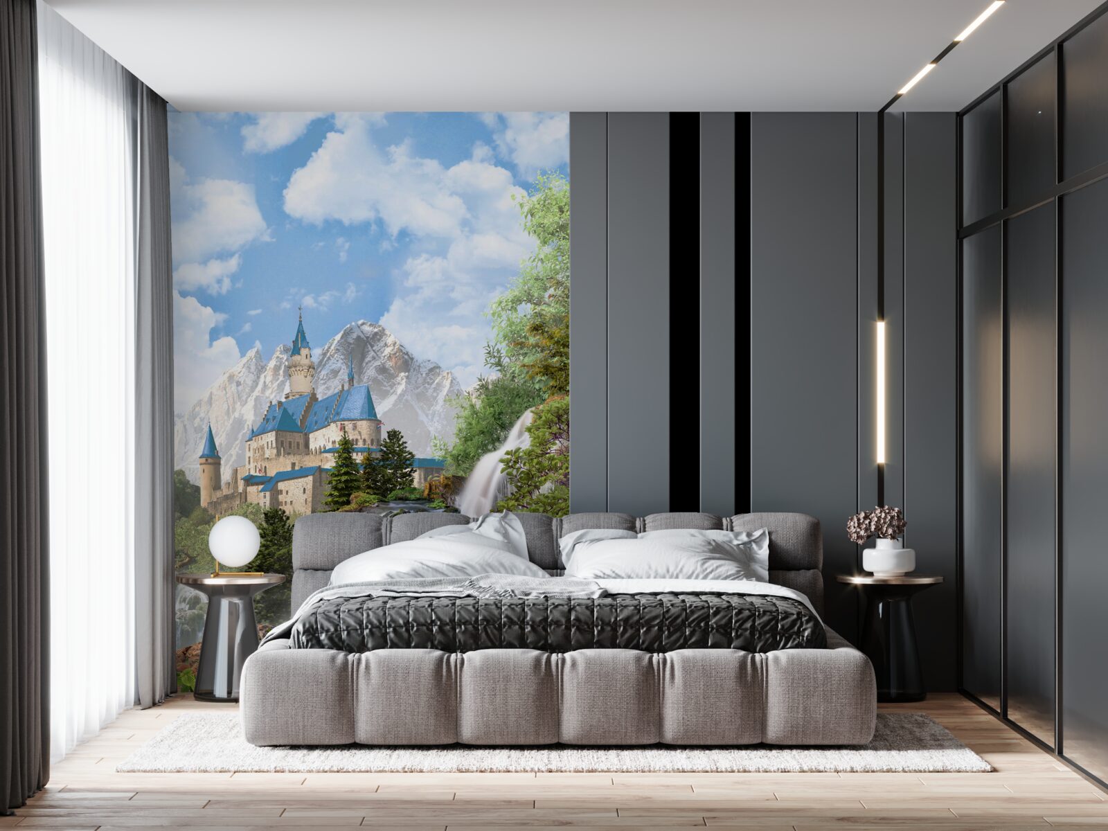 Fototapet fortăreață pe fundalul unei cascade de apă