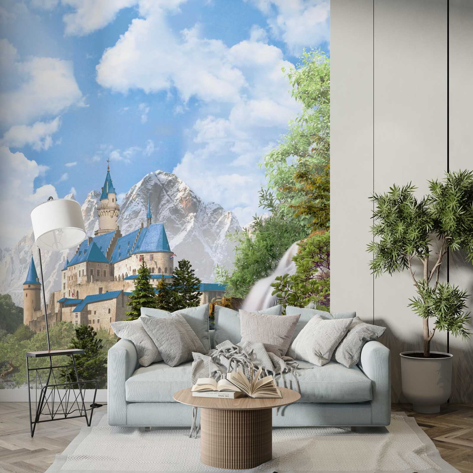 Fototapet fortăreață pe fundalul unei cascade de apă