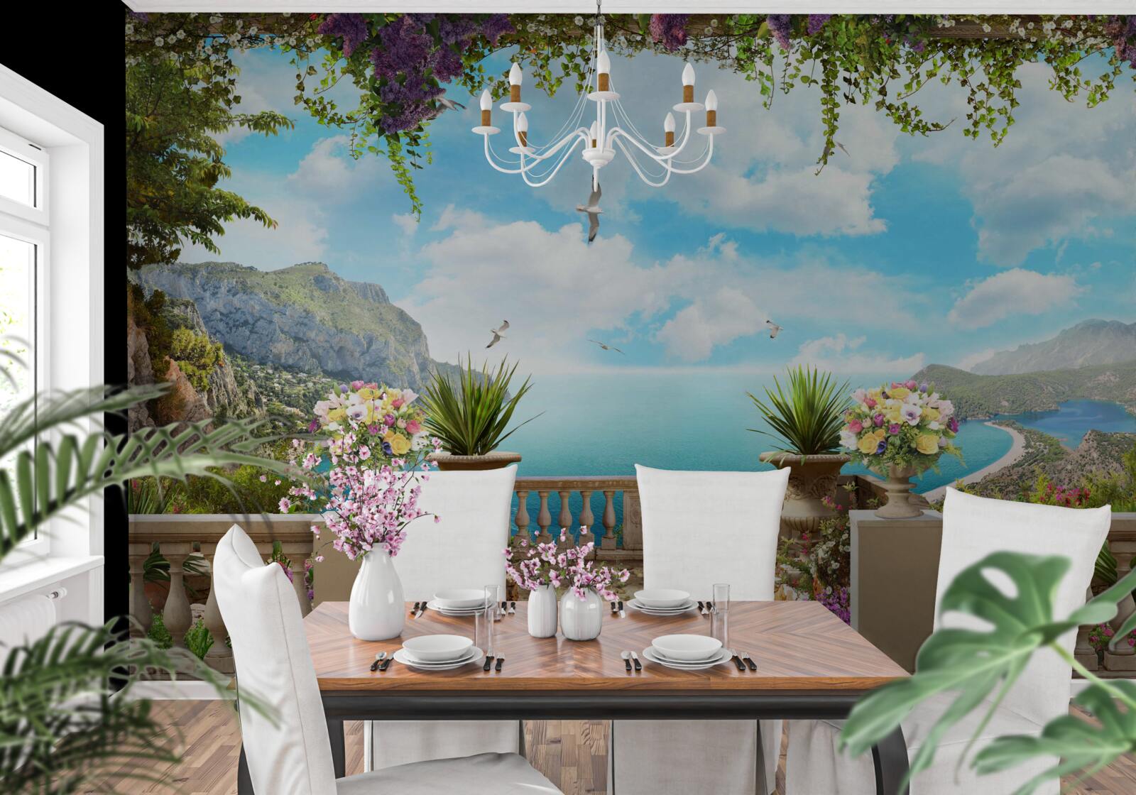 Fototapet vedere panoramică la mare și la zonele verzi din balcon