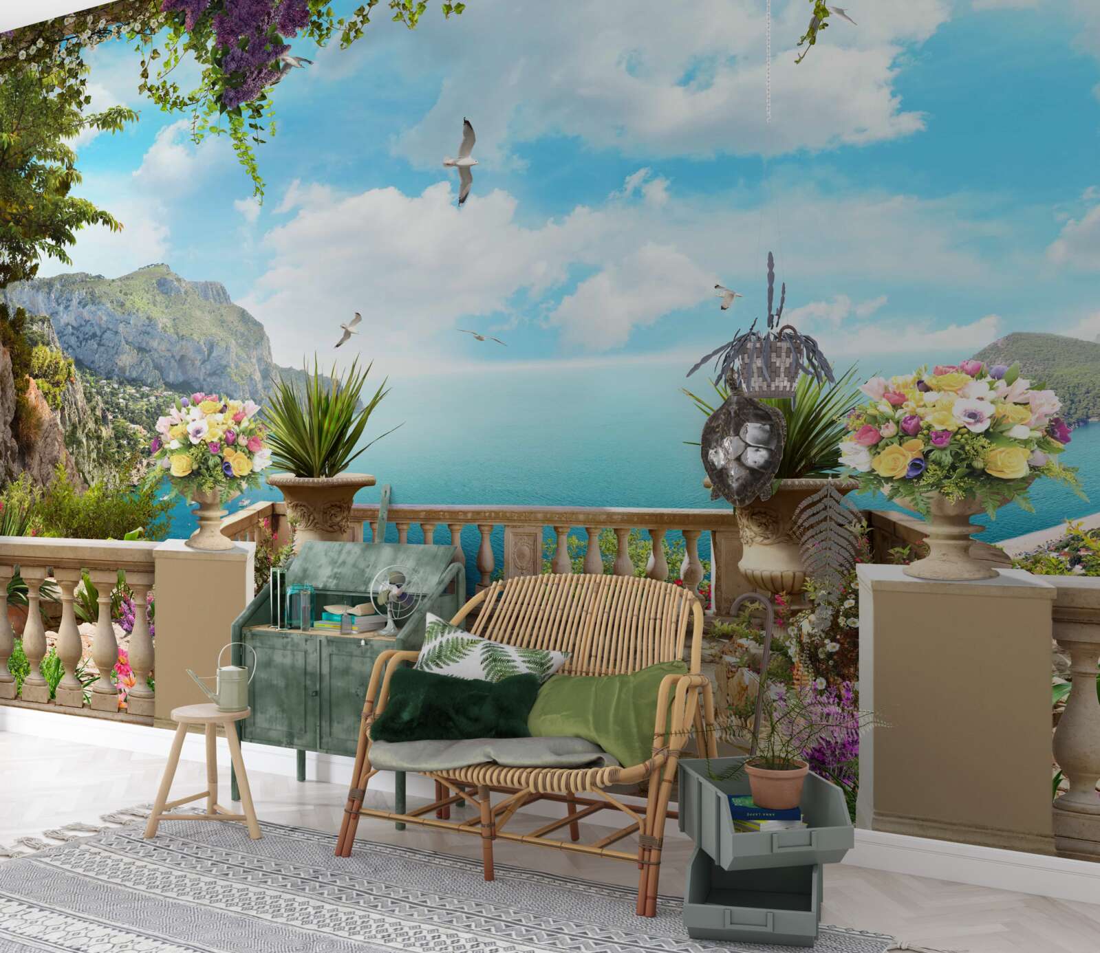 Fototapet vedere panoramică la mare și la zonele verzi din balcon