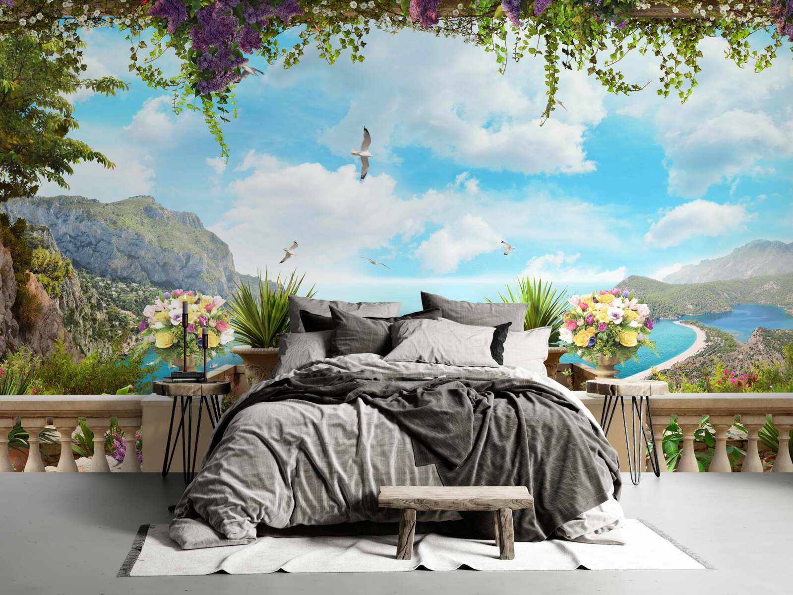 Fototapet vedere panoramică la mare și la zonele verzi din balcon