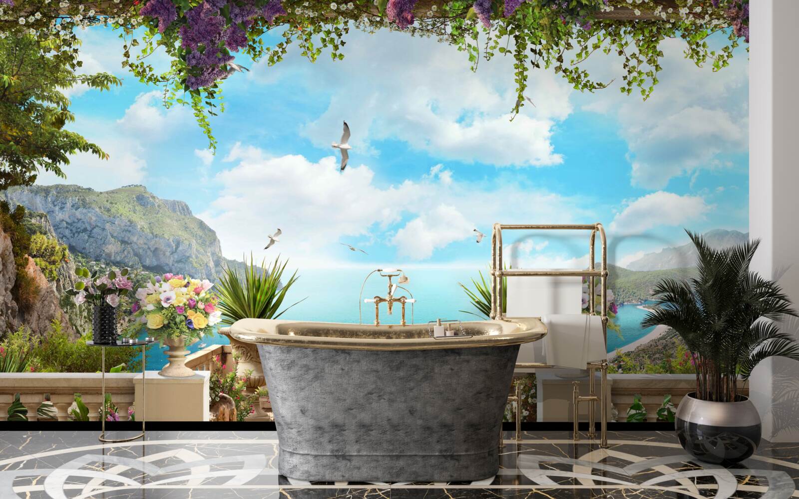 Fototapet vedere panoramică la mare și la zonele verzi din balcon