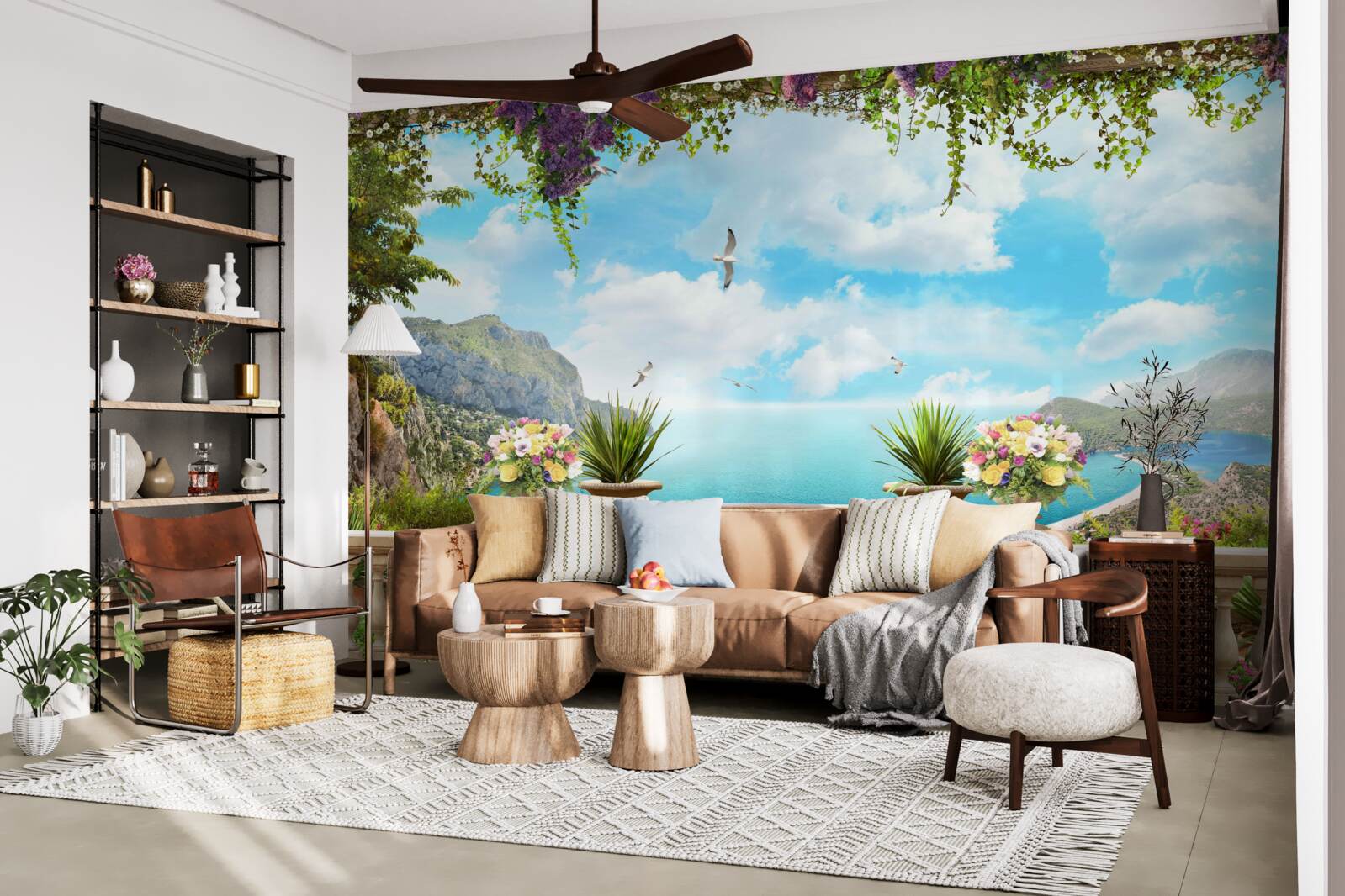 Fototapet vedere panoramică la mare și la zonele verzi din balcon