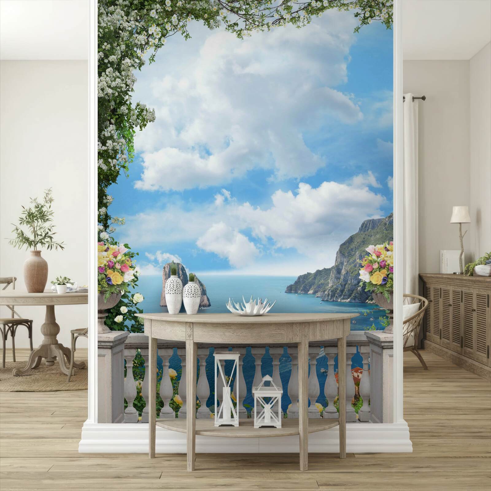 Fototapet vedere panoramică la mare și la stânci din balconul pitoresc