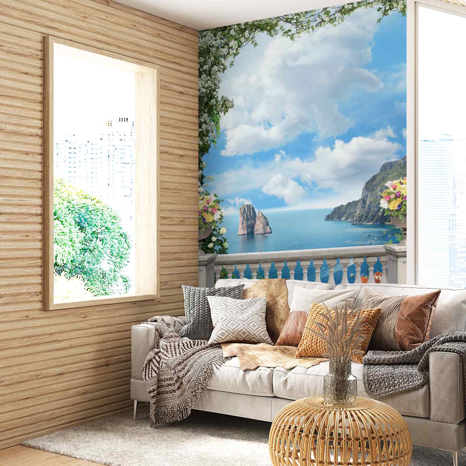 Fototapet vedere panoramică la mare și la stânci din balconul pitoresc