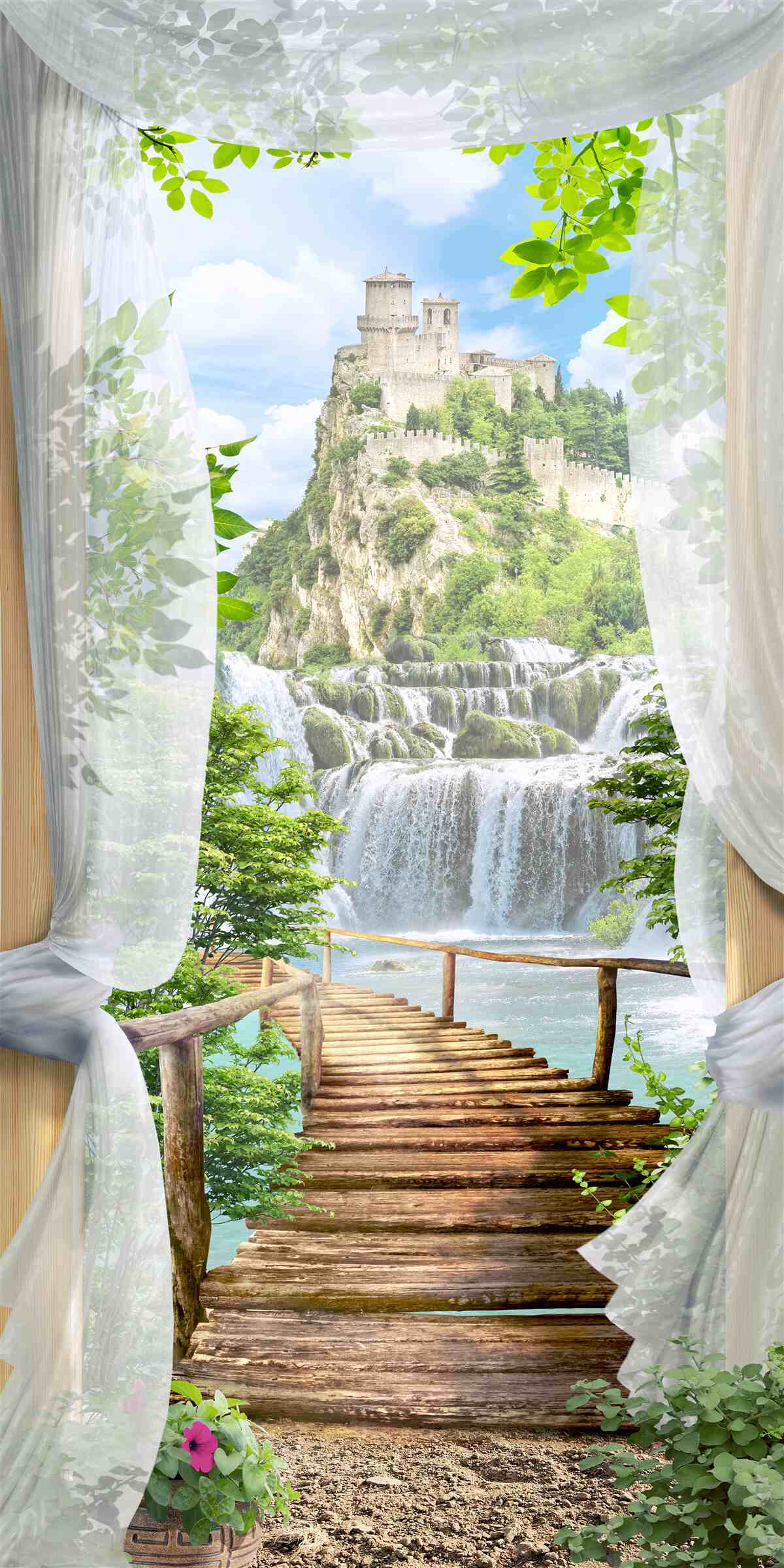 Fototapet cascadă și fortăreață