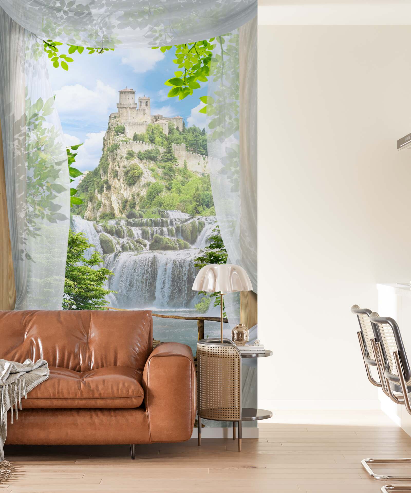 Fototapet cascadă și fortăreață