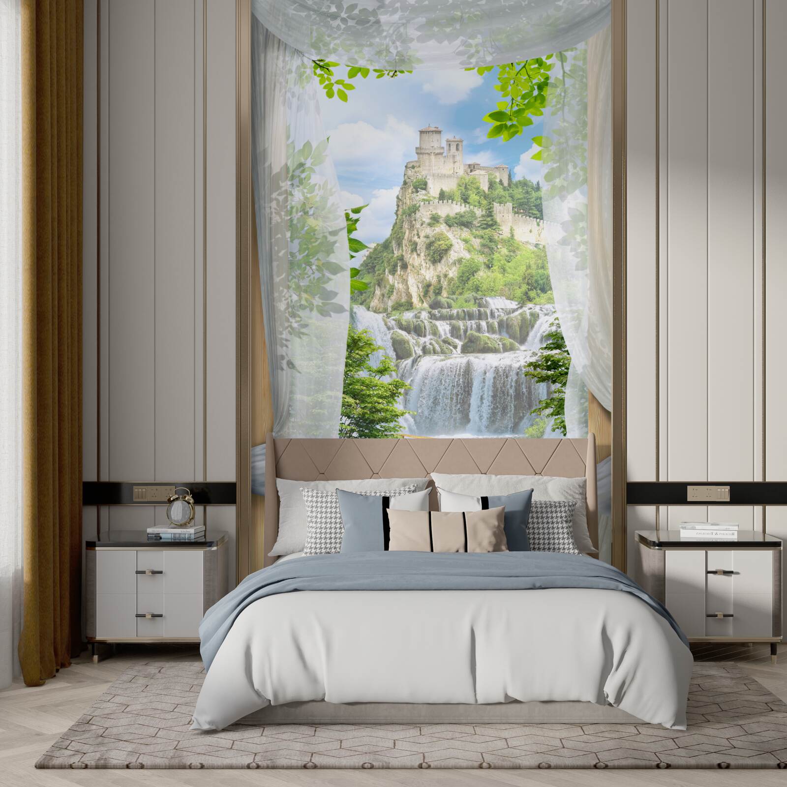Fototapet cascadă și fortăreață