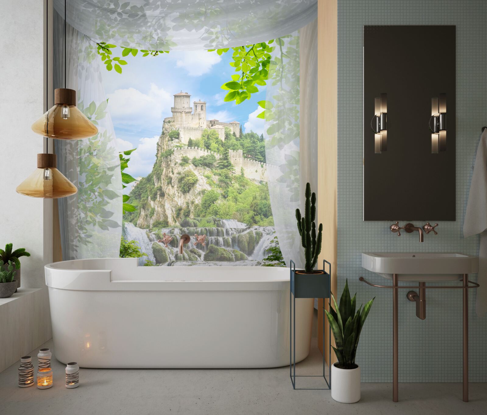 Fototapet cascadă și fortăreață