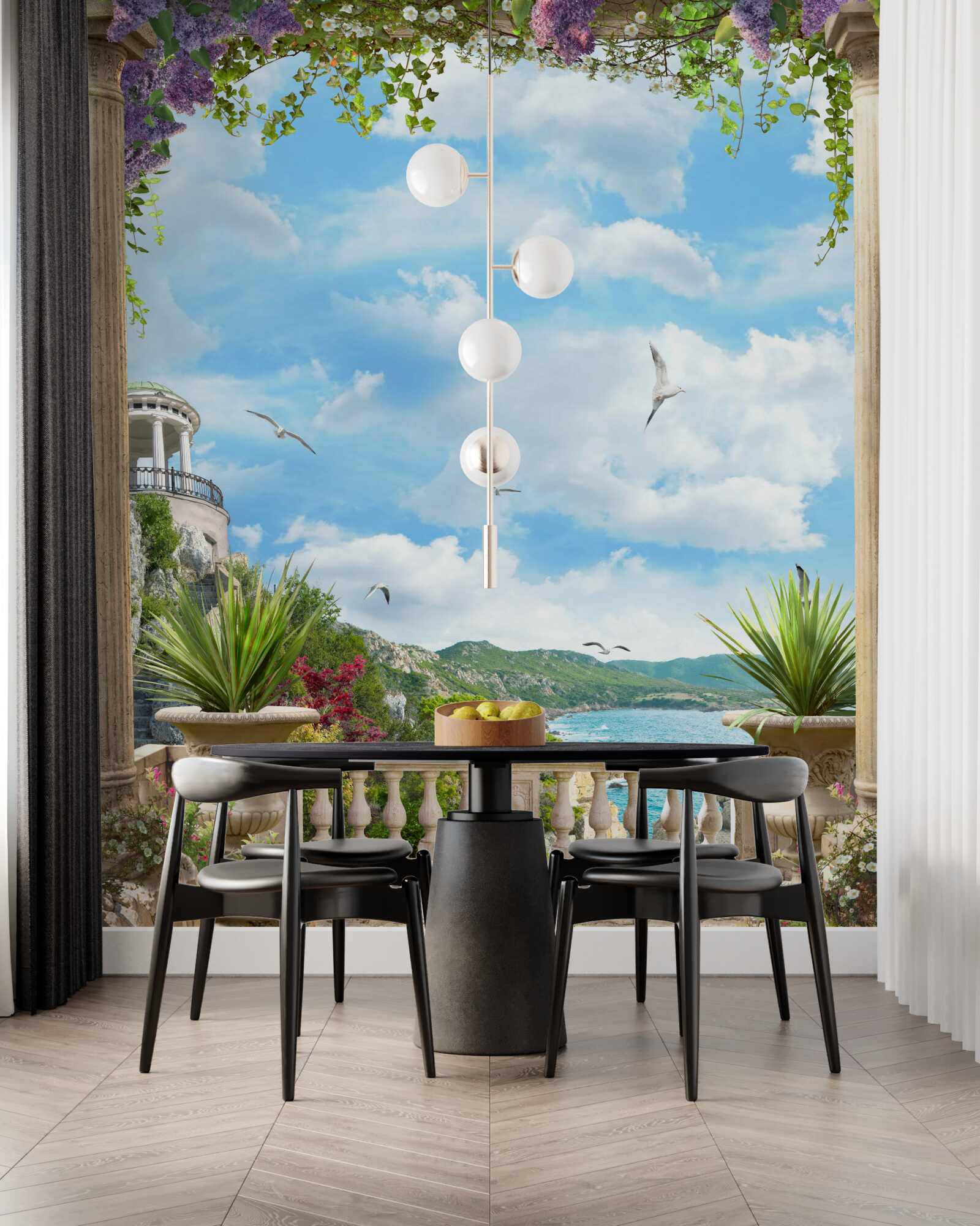 Fototapet arc de flori cu vedere la coasta mării