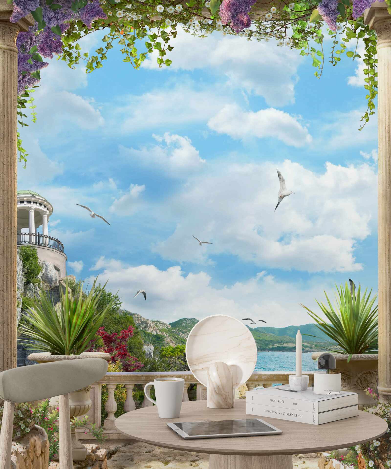 Fototapet arc de flori cu vedere la coasta mării