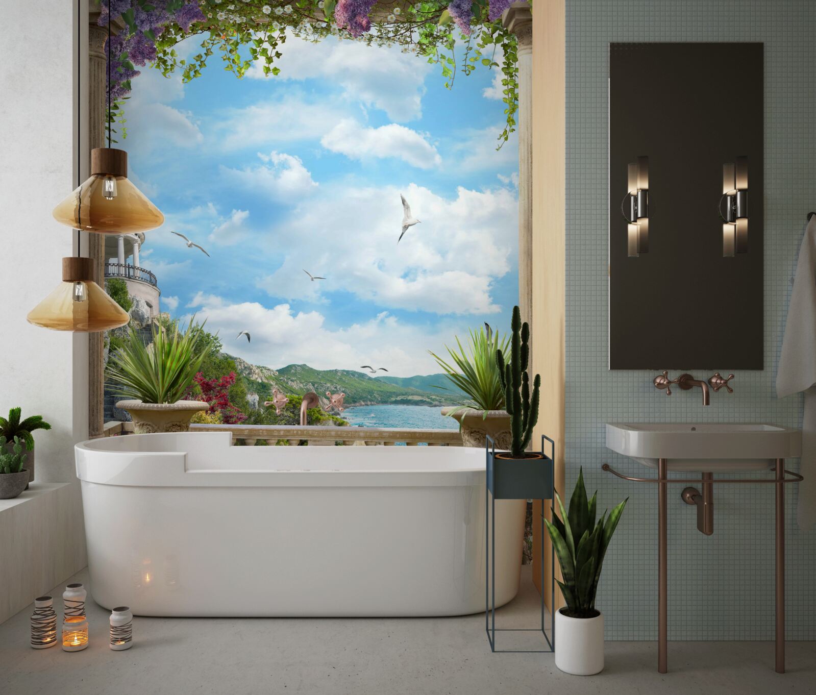 Fototapet arc de flori cu vedere la coasta mării