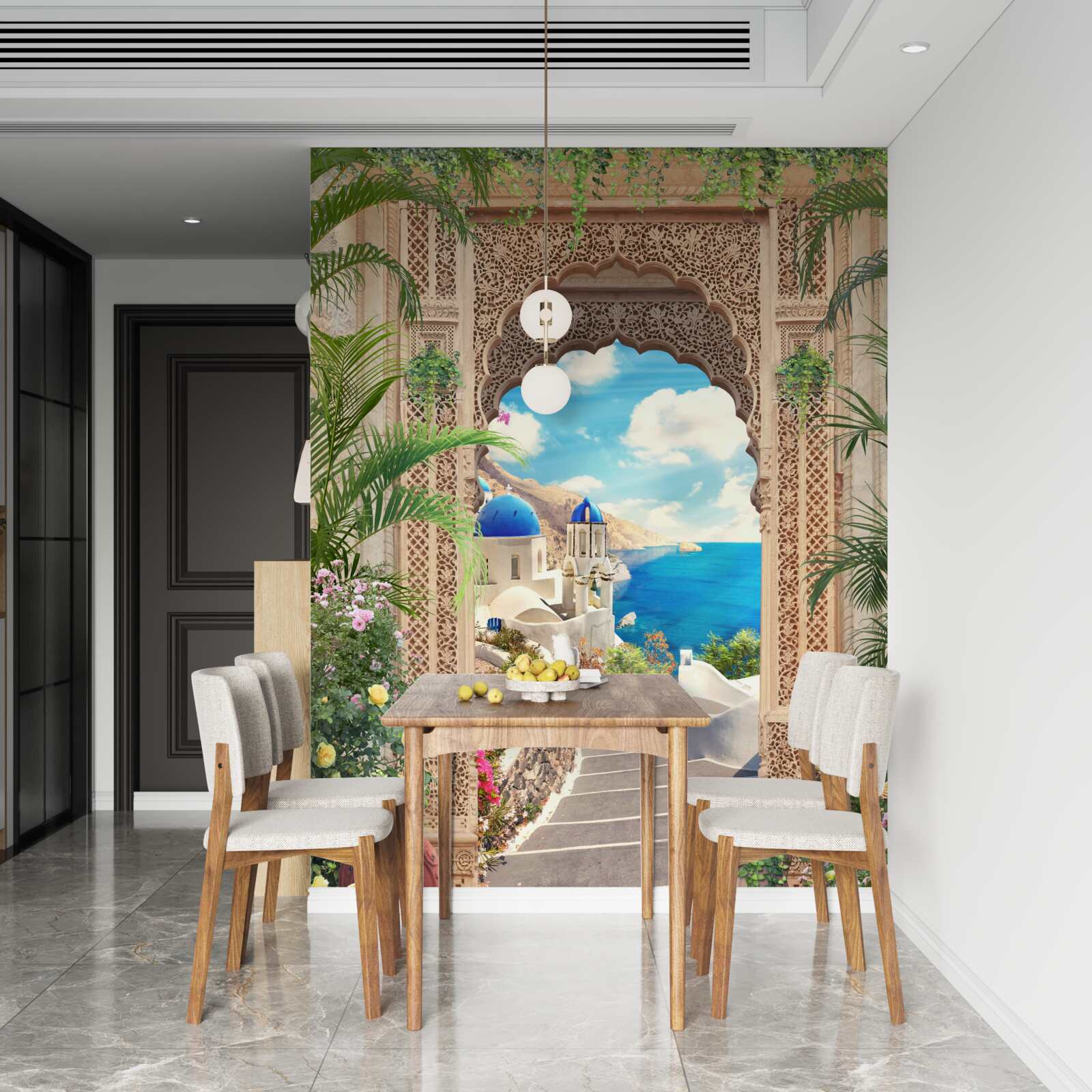 Fototapet panoramă a mării și a orașului, deschizându-se dinspre arc