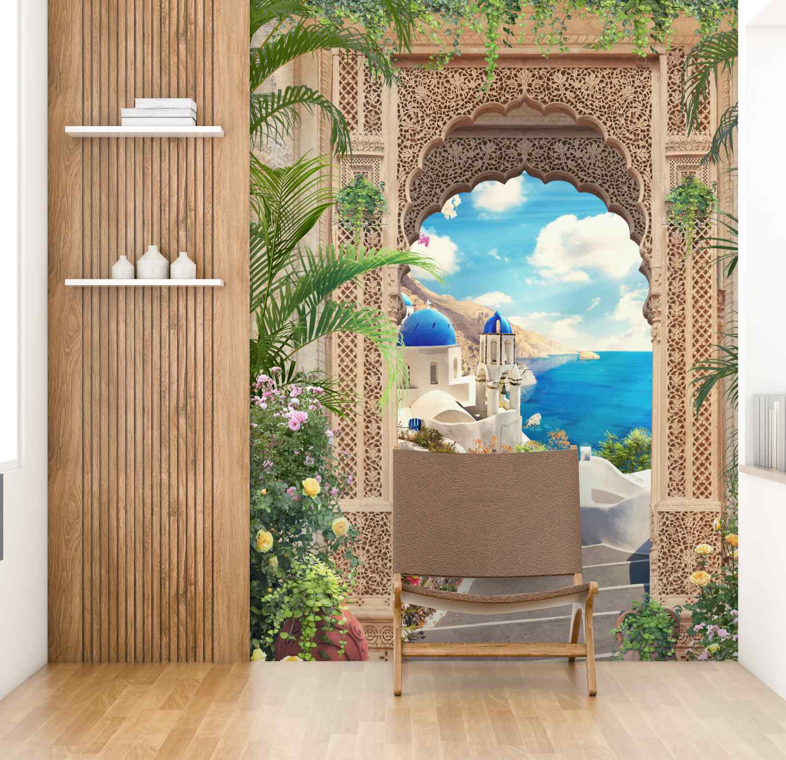 Fototapet panoramă a mării și a orașului, deschizându-se dinspre arc