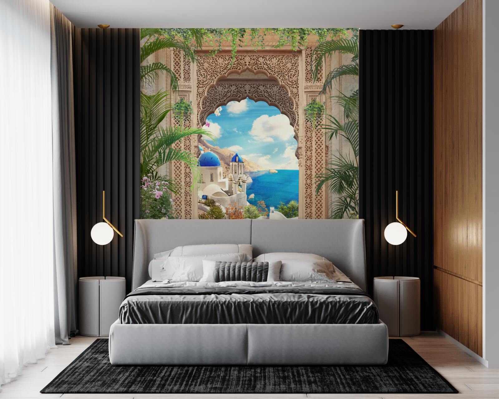 Fototapet panoramă a mării și a orașului, deschizându-se dinspre arc