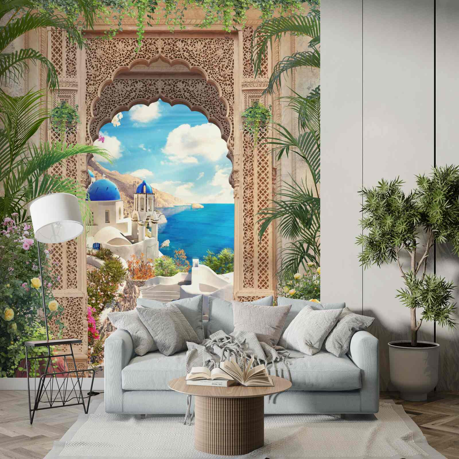 Fototapet panoramă a mării și a orașului, deschizându-se dinspre arc