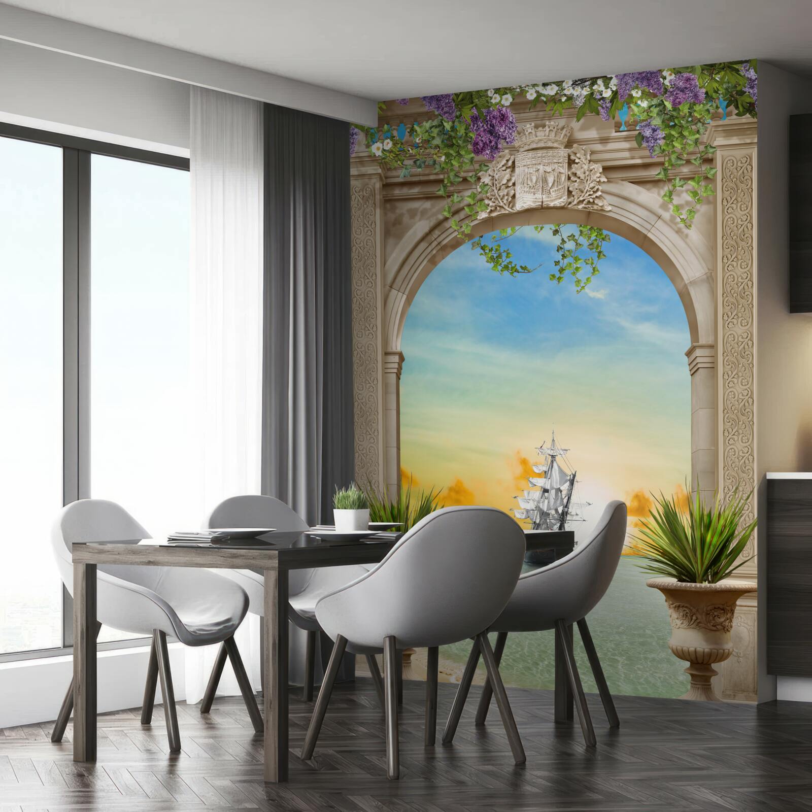 Fototapet peisaj marin de la prova cu o navă care trece