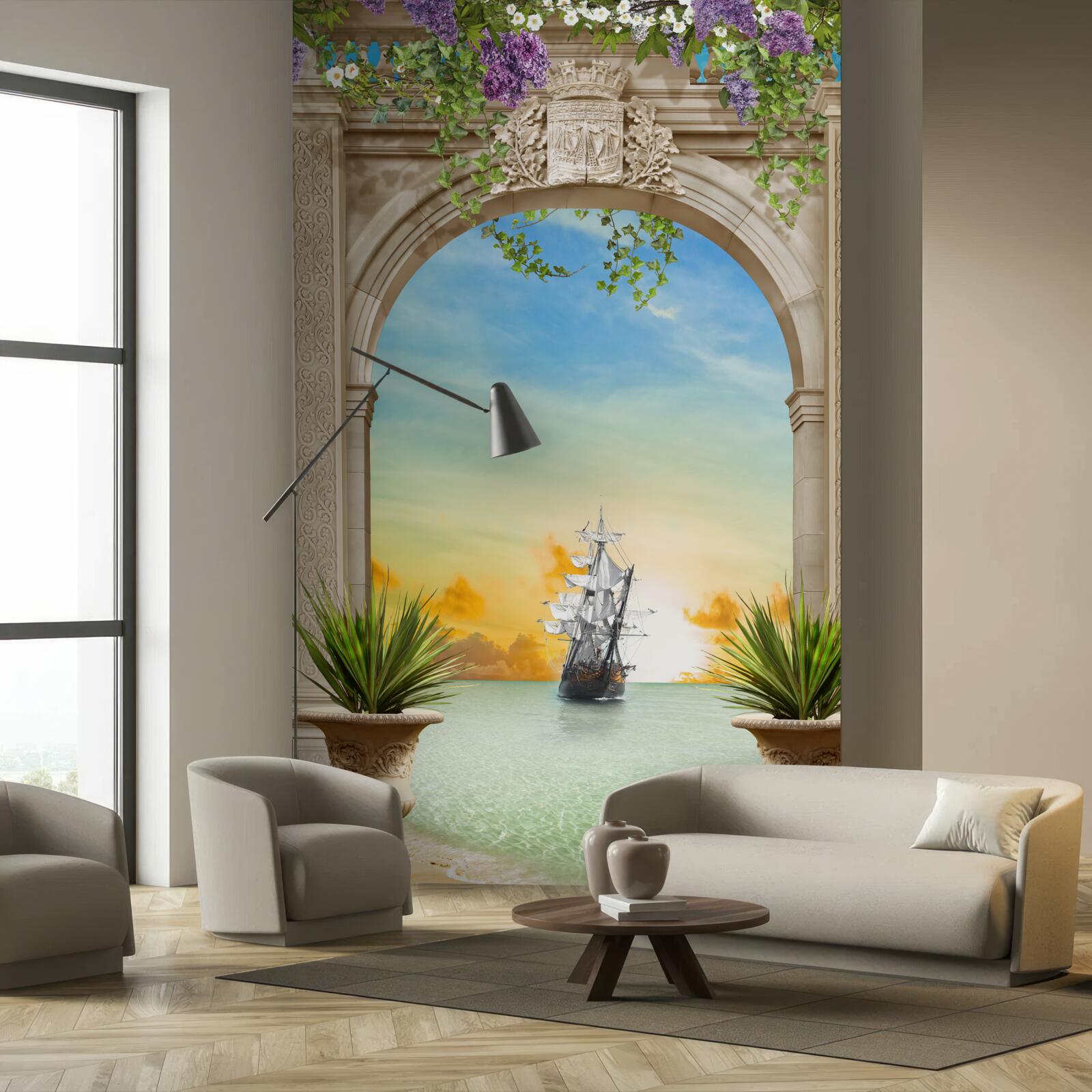 Fototapet peisaj marin de la prova cu o navă care trece