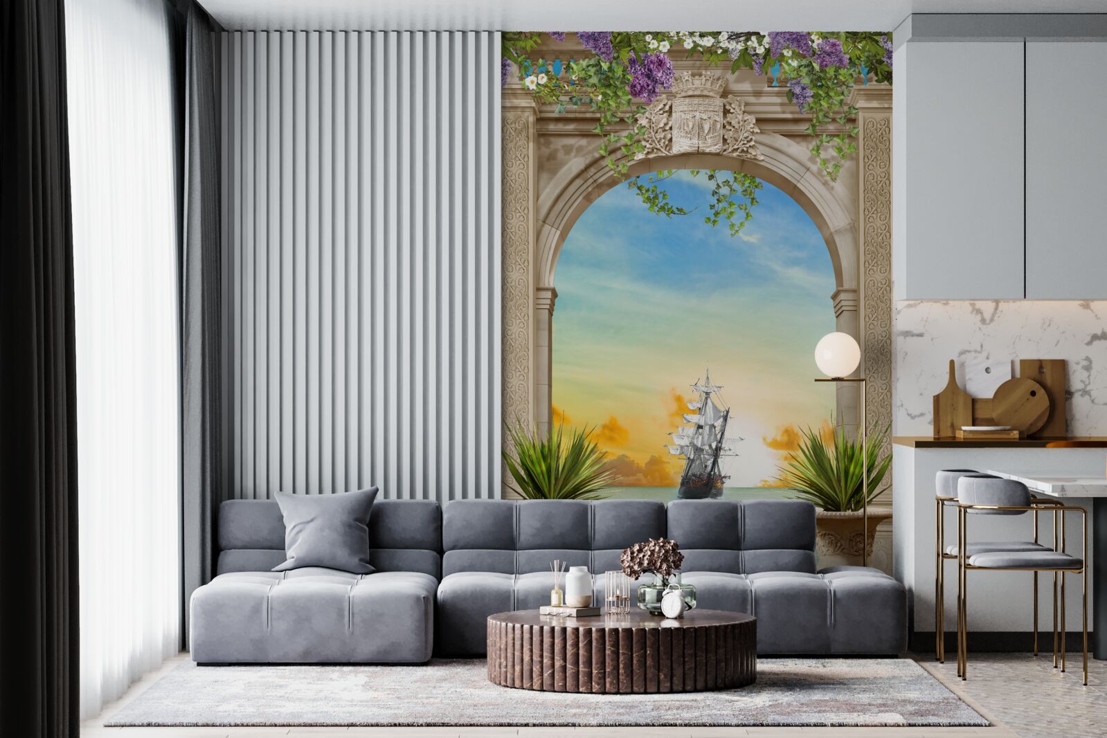 Fototapet peisaj marin de la prova cu o navă care trece