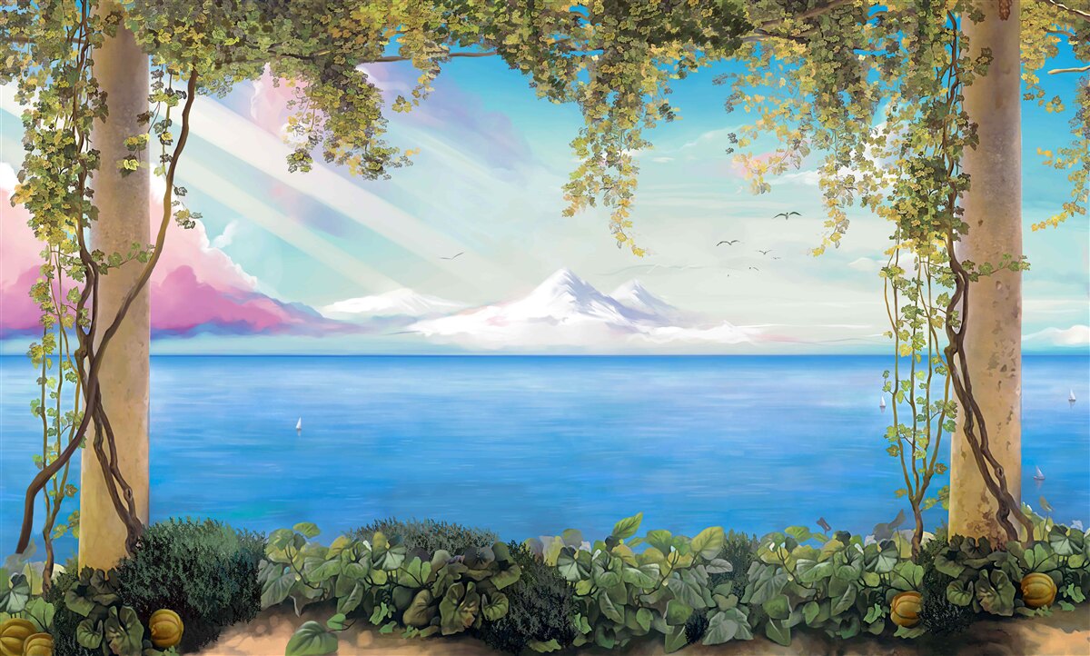 Fototapet peisaj cu mare și munți îndepărtați