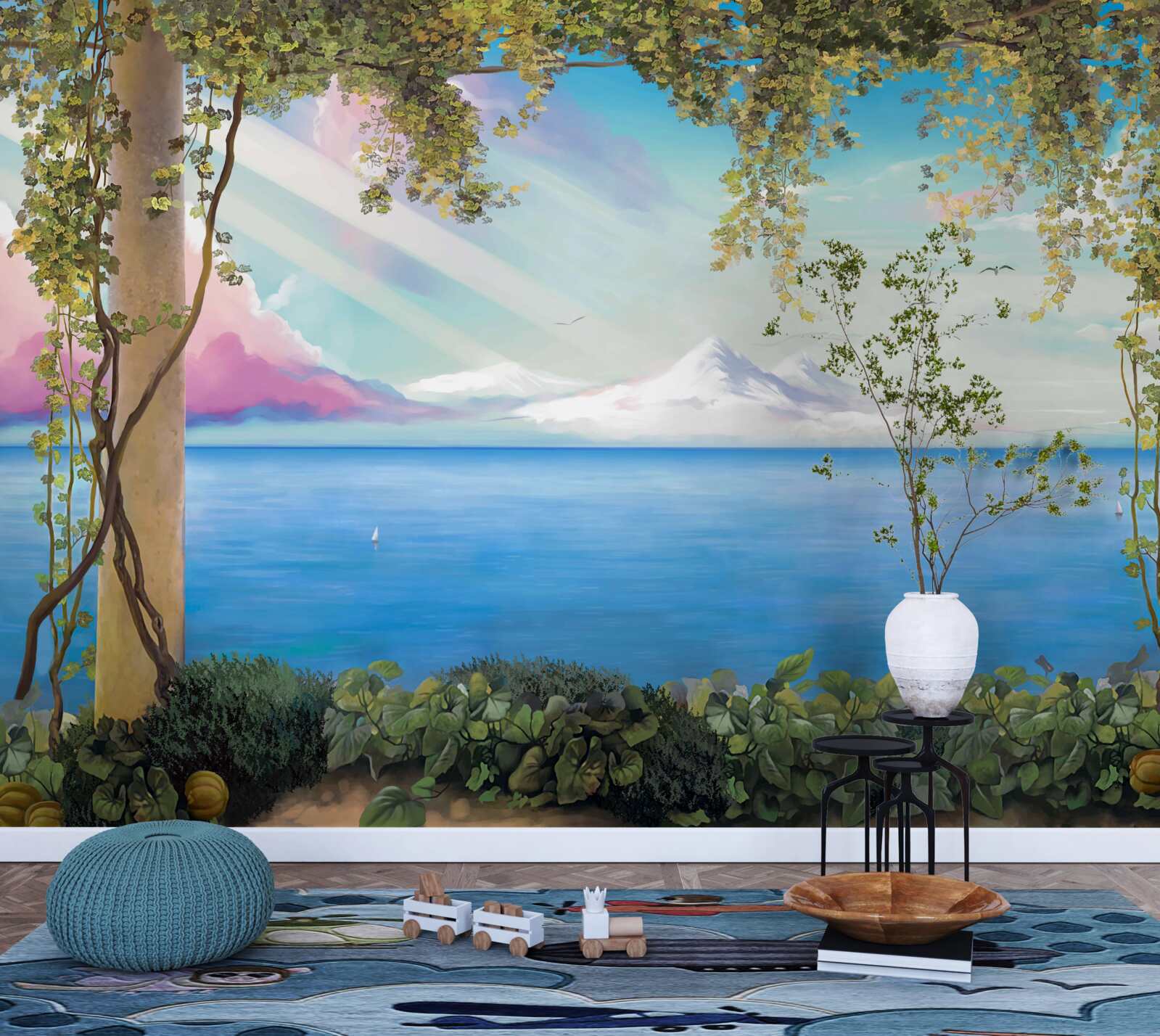 Fototapet peisaj cu mare și munți îndepărtați