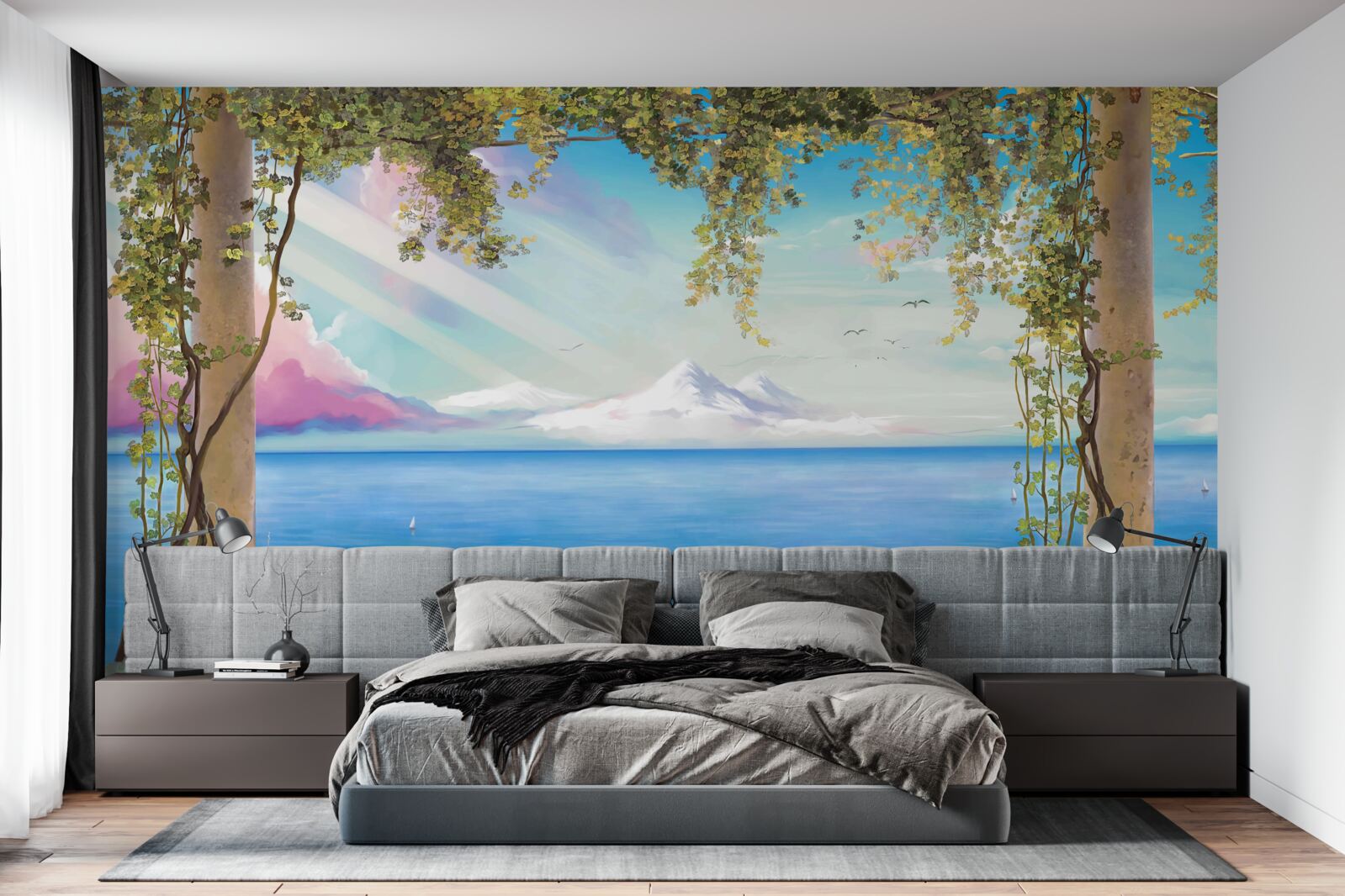 Fototapet peisaj cu mare și munți îndepărtați