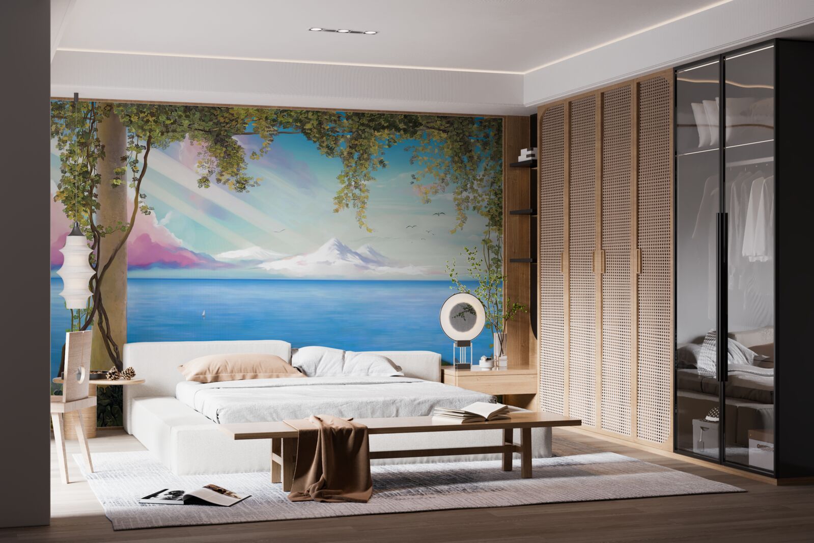 Fototapet peisaj cu mare și munți îndepărtați