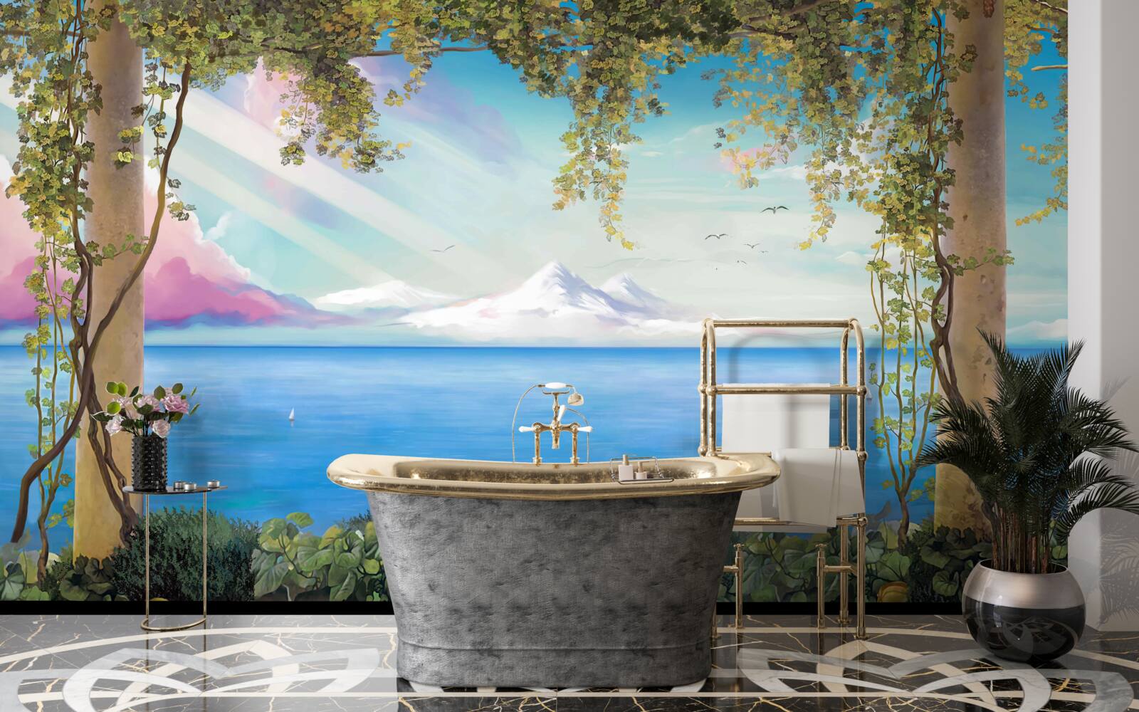 Fototapet peisaj cu mare și munți îndepărtați