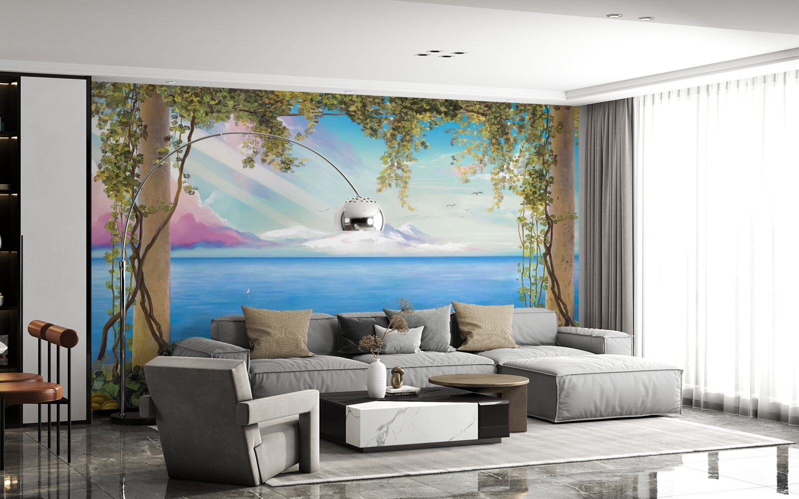 Fototapet peisaj cu mare și munți îndepărtați