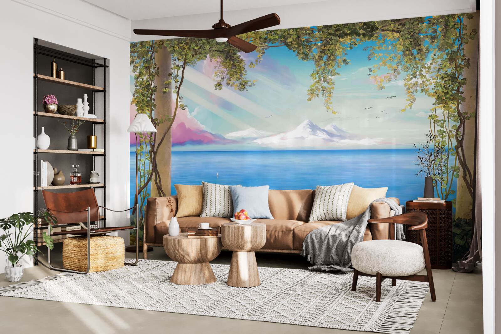 Fototapet peisaj cu mare și munți îndepărtați