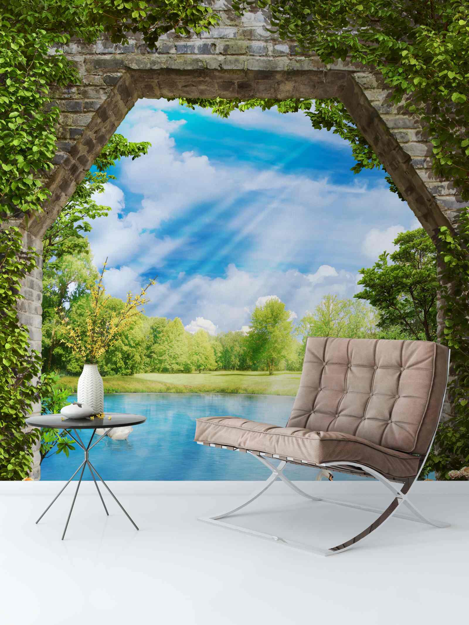 Fototapet lebede cu penaj alb plutesc pe lac