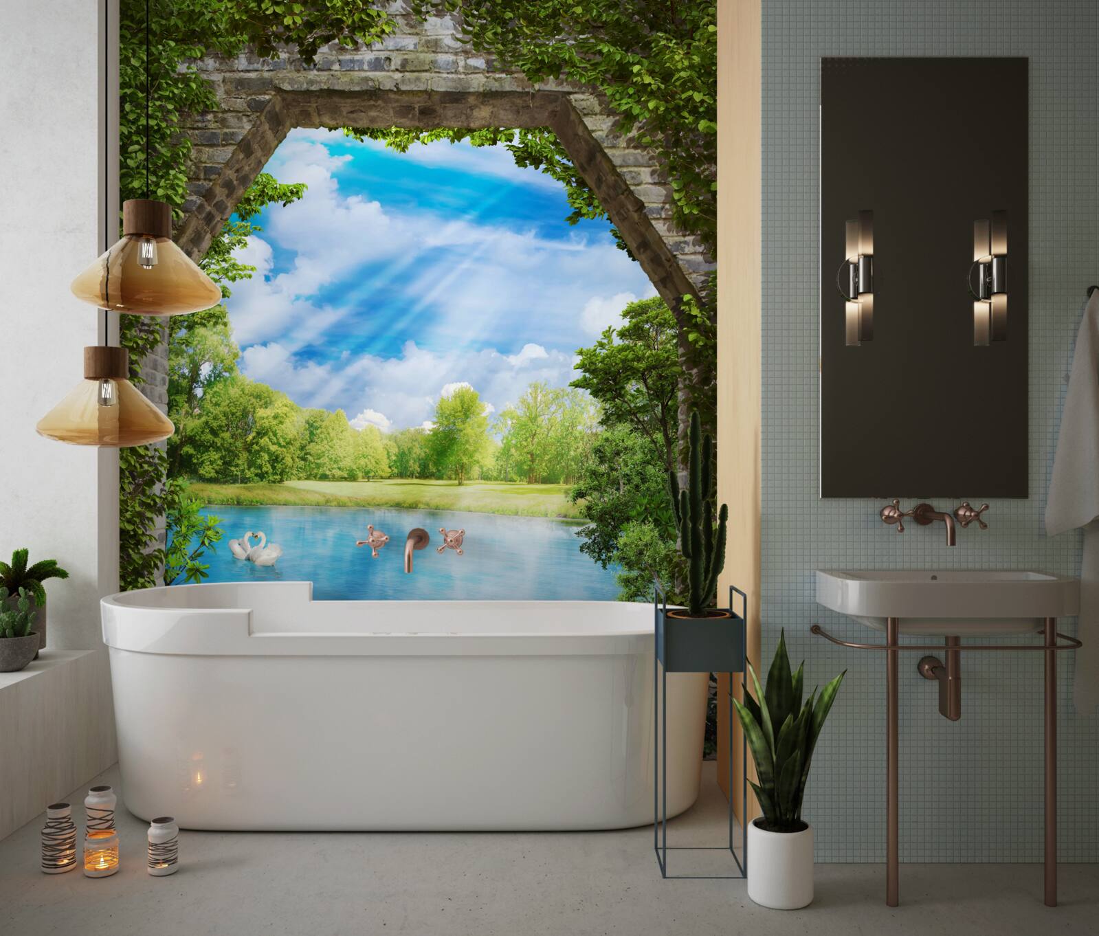 Fototapet lebede cu penaj alb plutesc pe lac