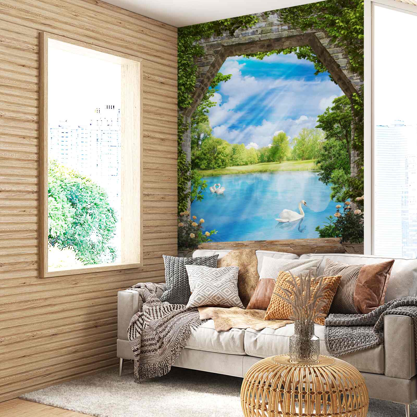 Fototapet lebede cu penaj alb plutesc pe lac