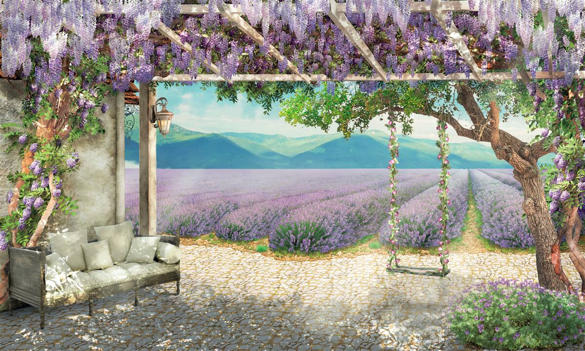Fototapet lângă câmpul de lavandă există un leagăn