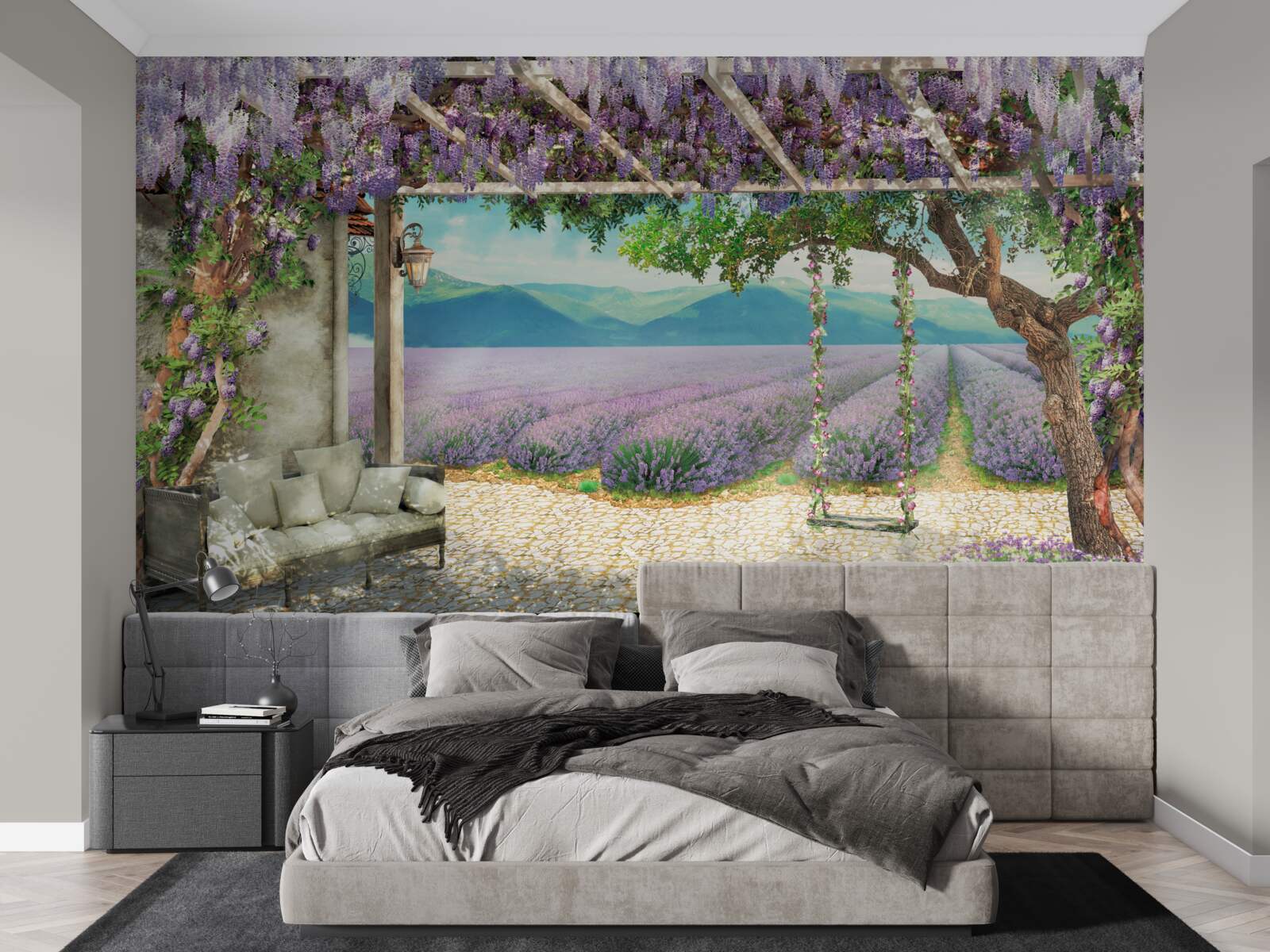 Fototapet lângă câmpul de lavandă există un leagăn