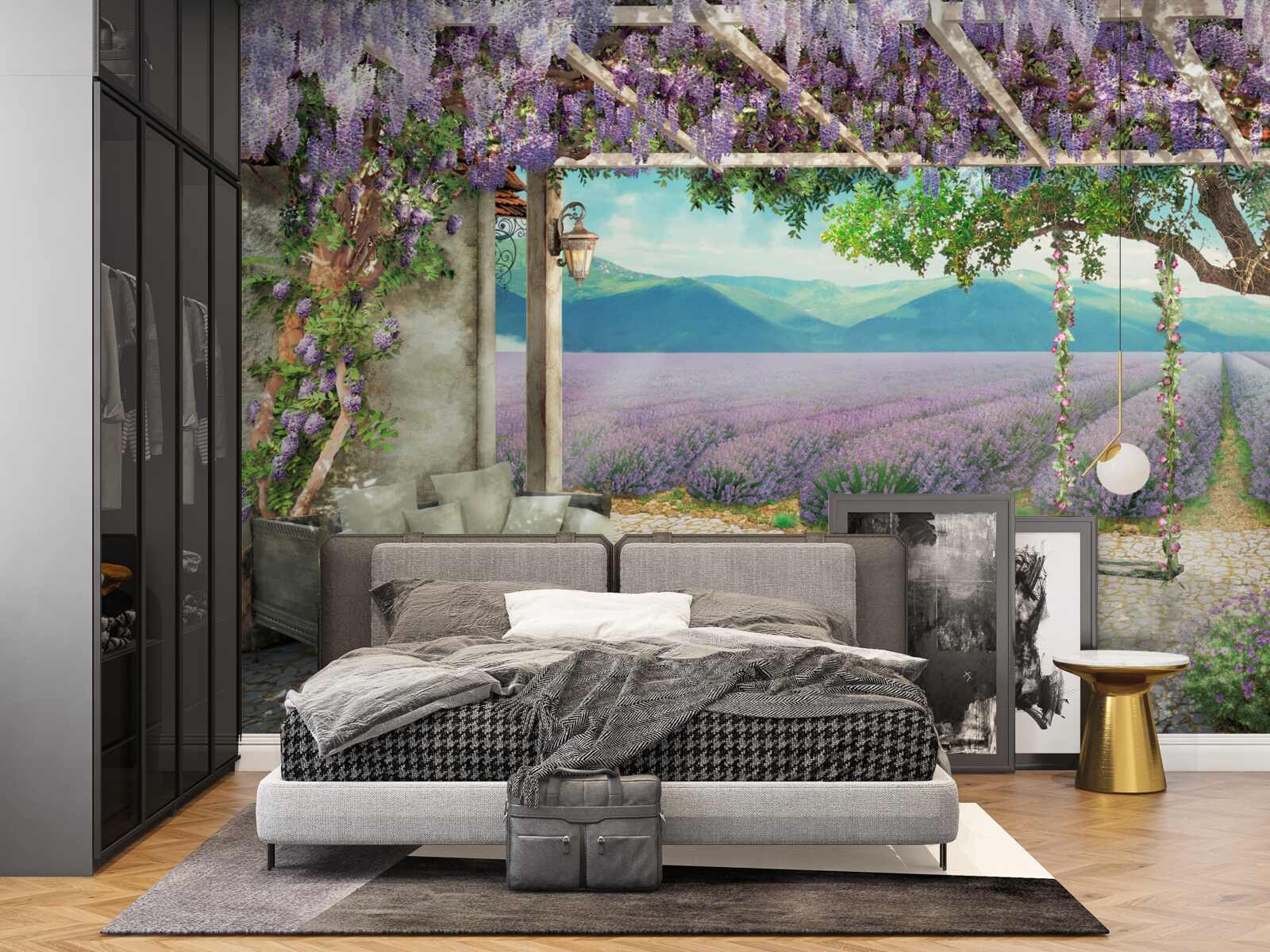 Fototapet lângă câmpul de lavandă există un leagăn