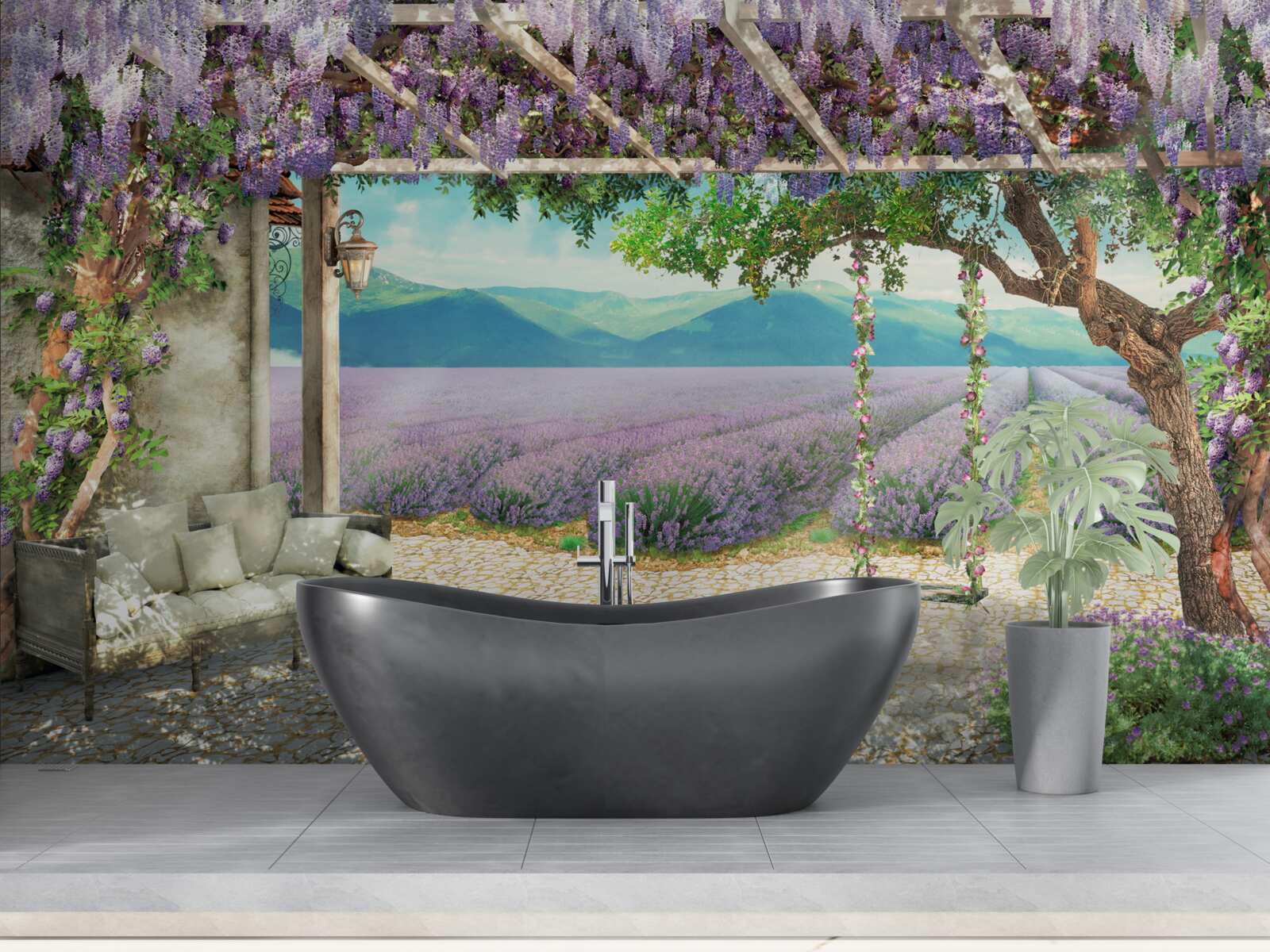 Fototapet lângă câmpul de lavandă există un leagăn