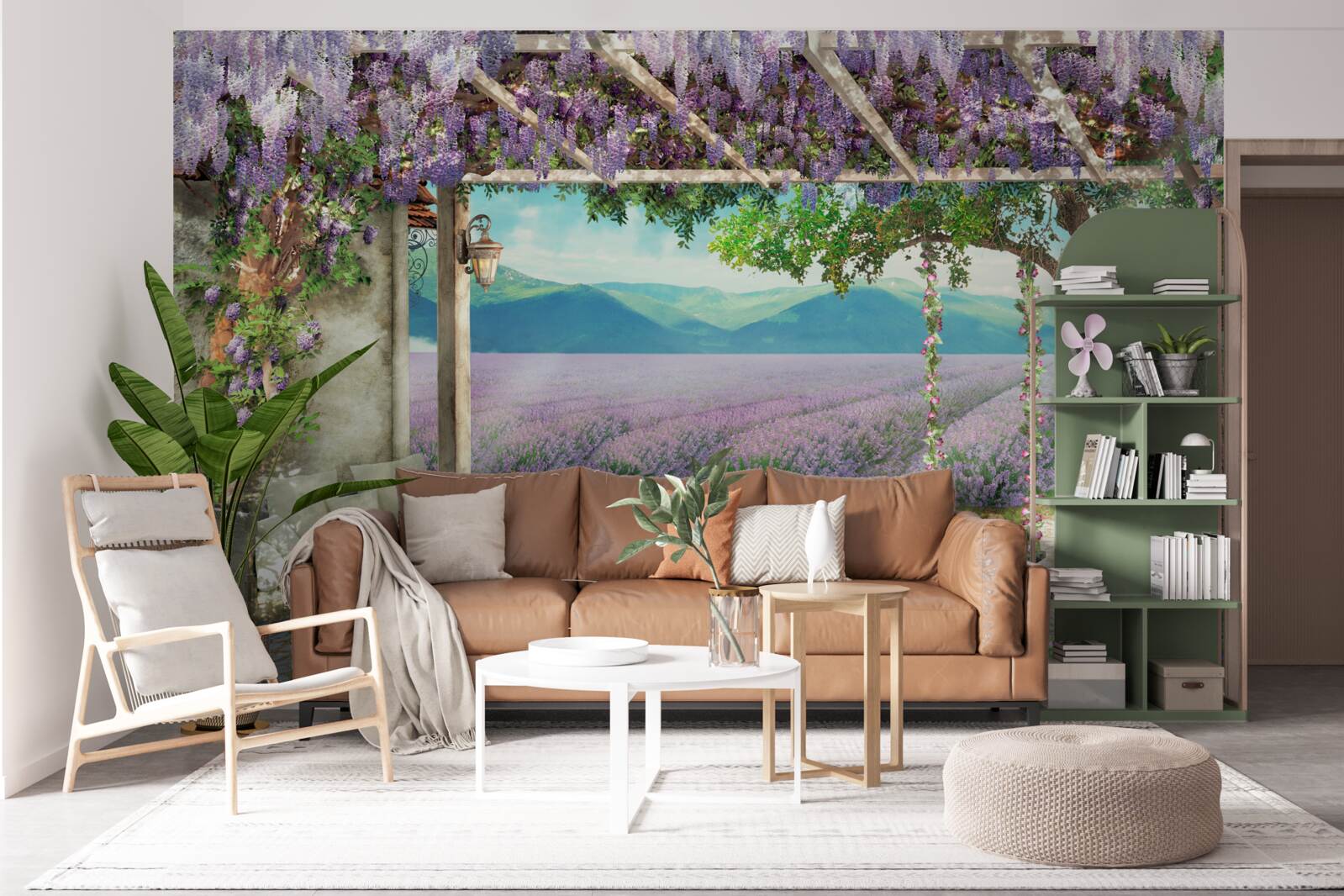 Fototapet lângă câmpul de lavandă există un leagăn