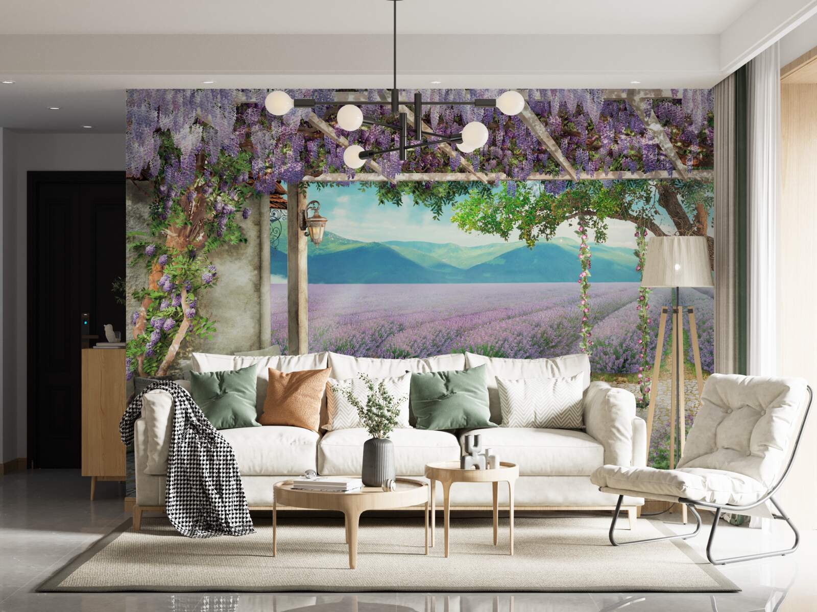 Fototapet lângă câmpul de lavandă există un leagăn